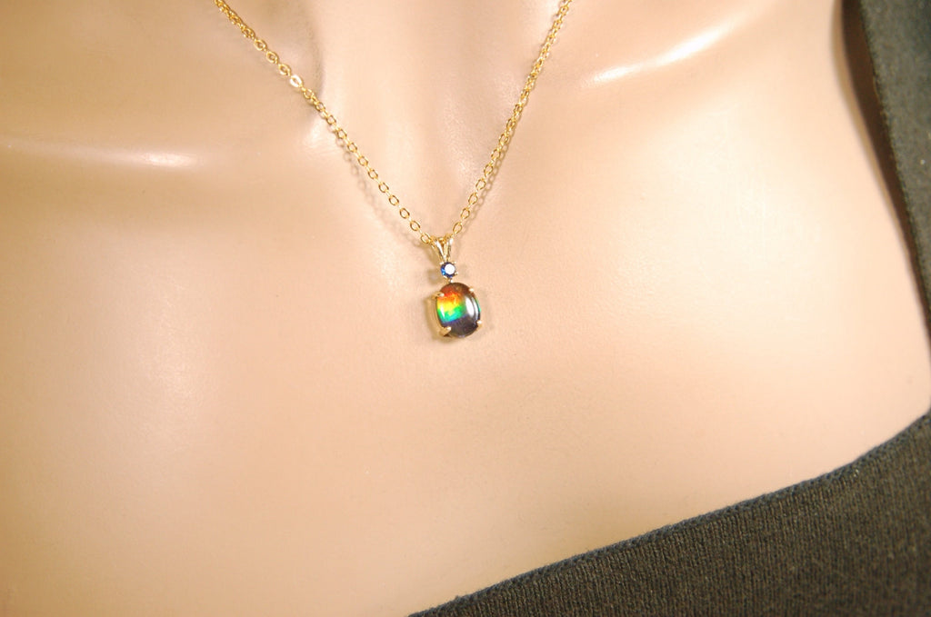 Petite Ammolite Jewelry Pendant in solid 10k Gold with Sapphire.Canadian Ammolite The Perfect Birthday Gift for Wife.032614