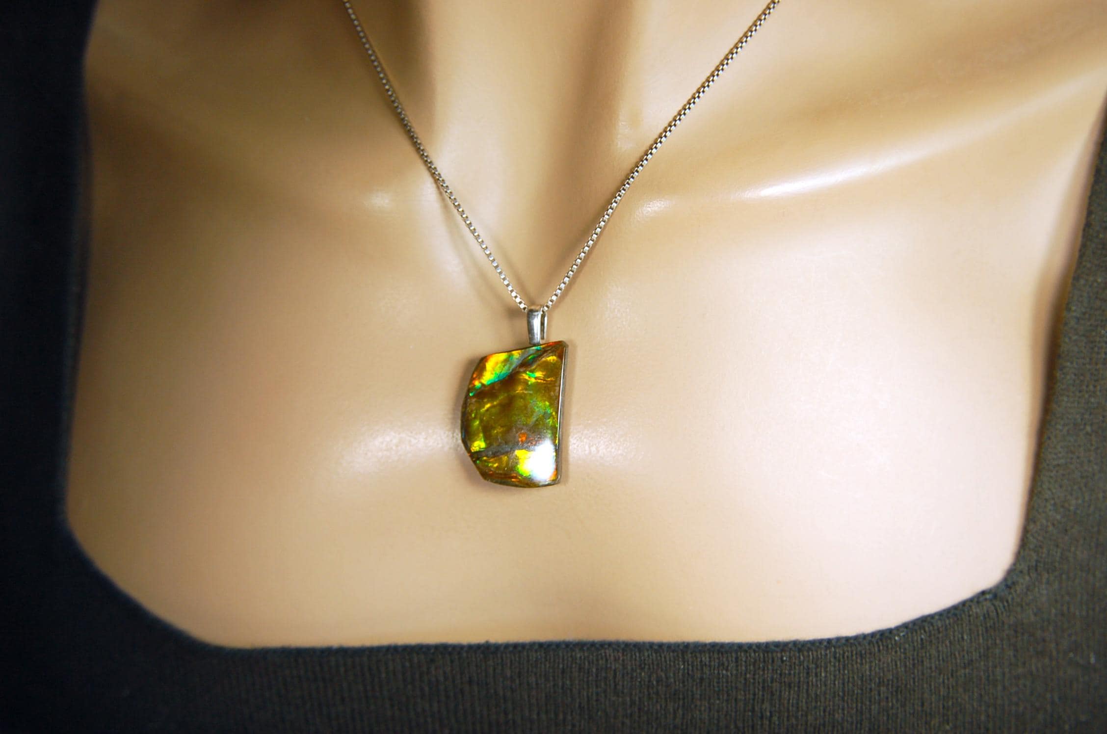 Birthday gift idea for wife. Ammolite Pendant Necklace.All natural cabochon freeform gem.Boho jewelry.090414