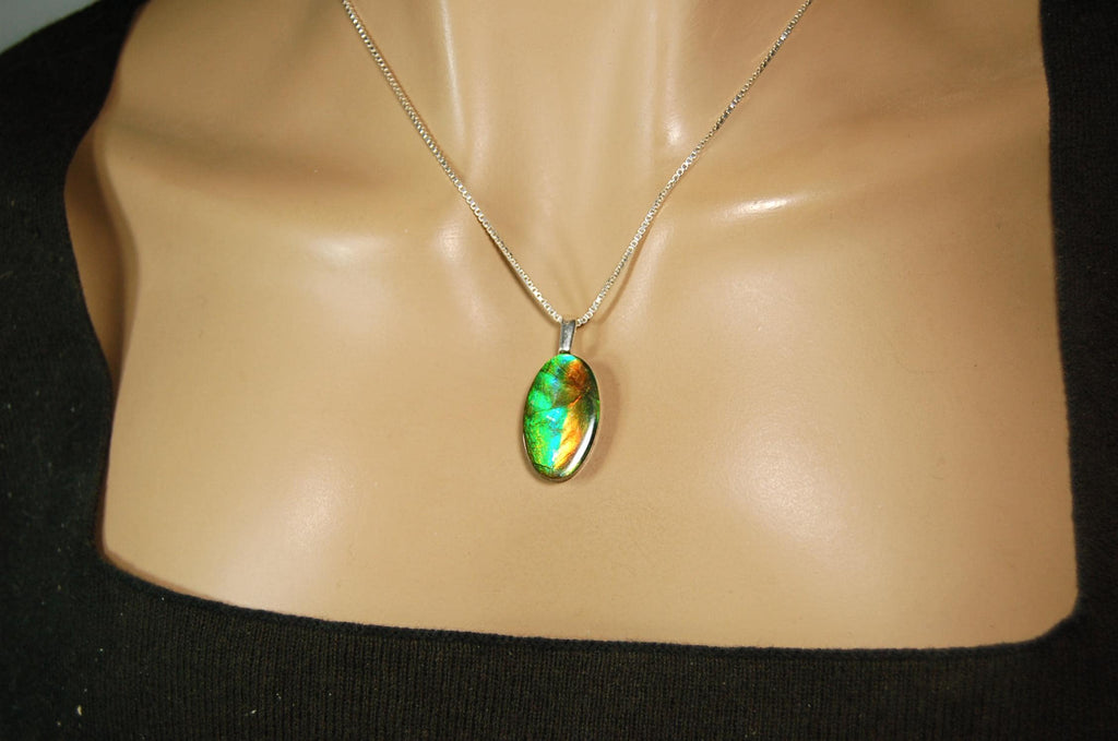Ammolite Pendant.All Natural freeform Cabochon.Amazing RARE Colors.One of a kind Jewelry.Unique gift.Unisex Minimalist Jewelry.020715