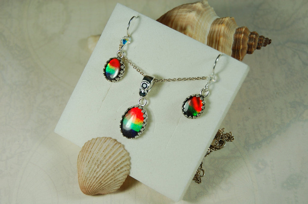 Birthday or Anniversary gift idea for wife. Ammolite Pendant Earring Set.Nicely matched brilliant tricolor gems.#102910