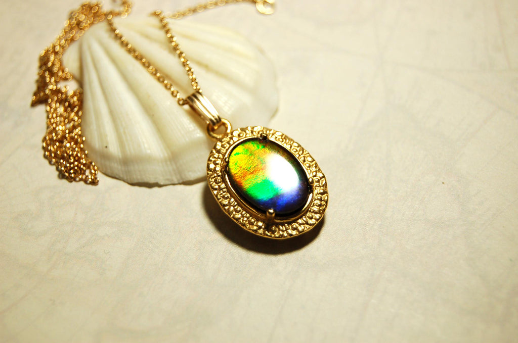 Ammolite pendant Anniversary gift idea for wife.Necklace set in 14kGF gold.Brilliant rainbow gem.Best seen in Video.033016