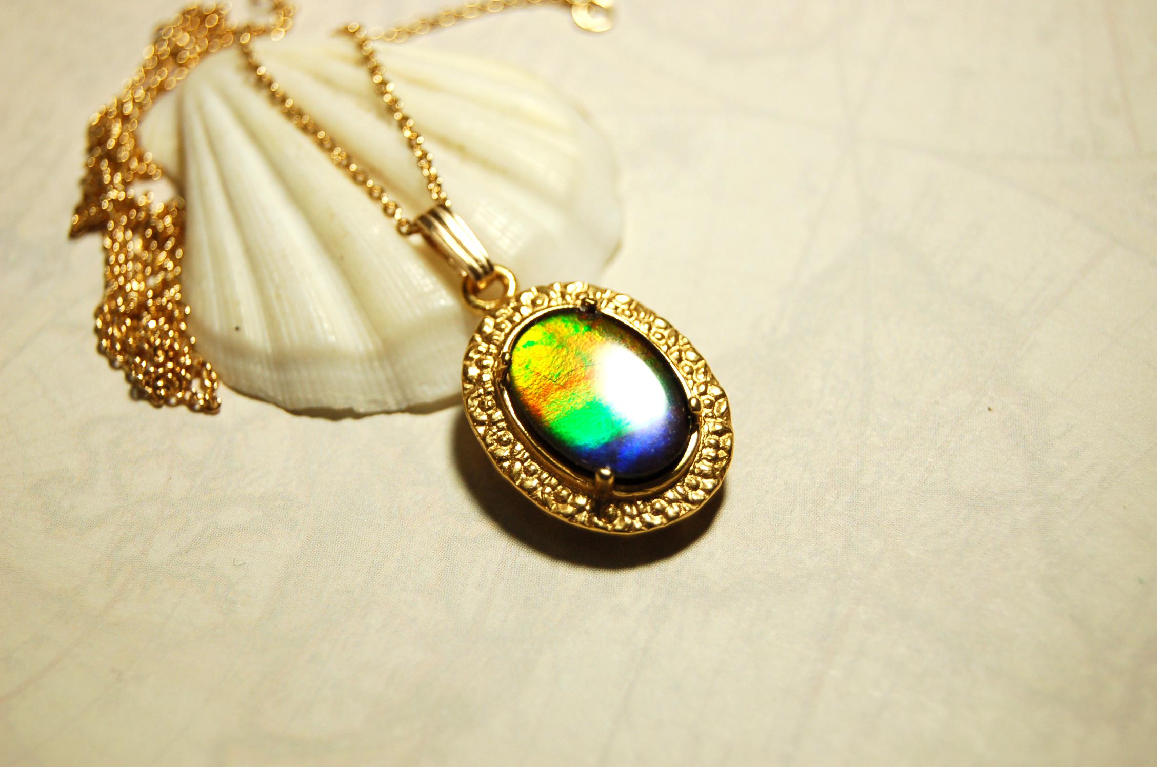 Ammolite pendant Anniversary gift idea for wife.Necklace set in 14kGF gold.Brilliant rainbow gem.Best seen in Video.033016