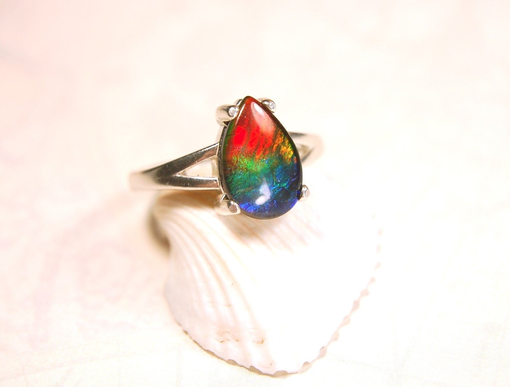 Ammolite Jewelry Ring with FIVE colors Pear Shaped Gem in Sterling Silver size 7.Birthday Gift for Wife?Rainbow color gem.032214