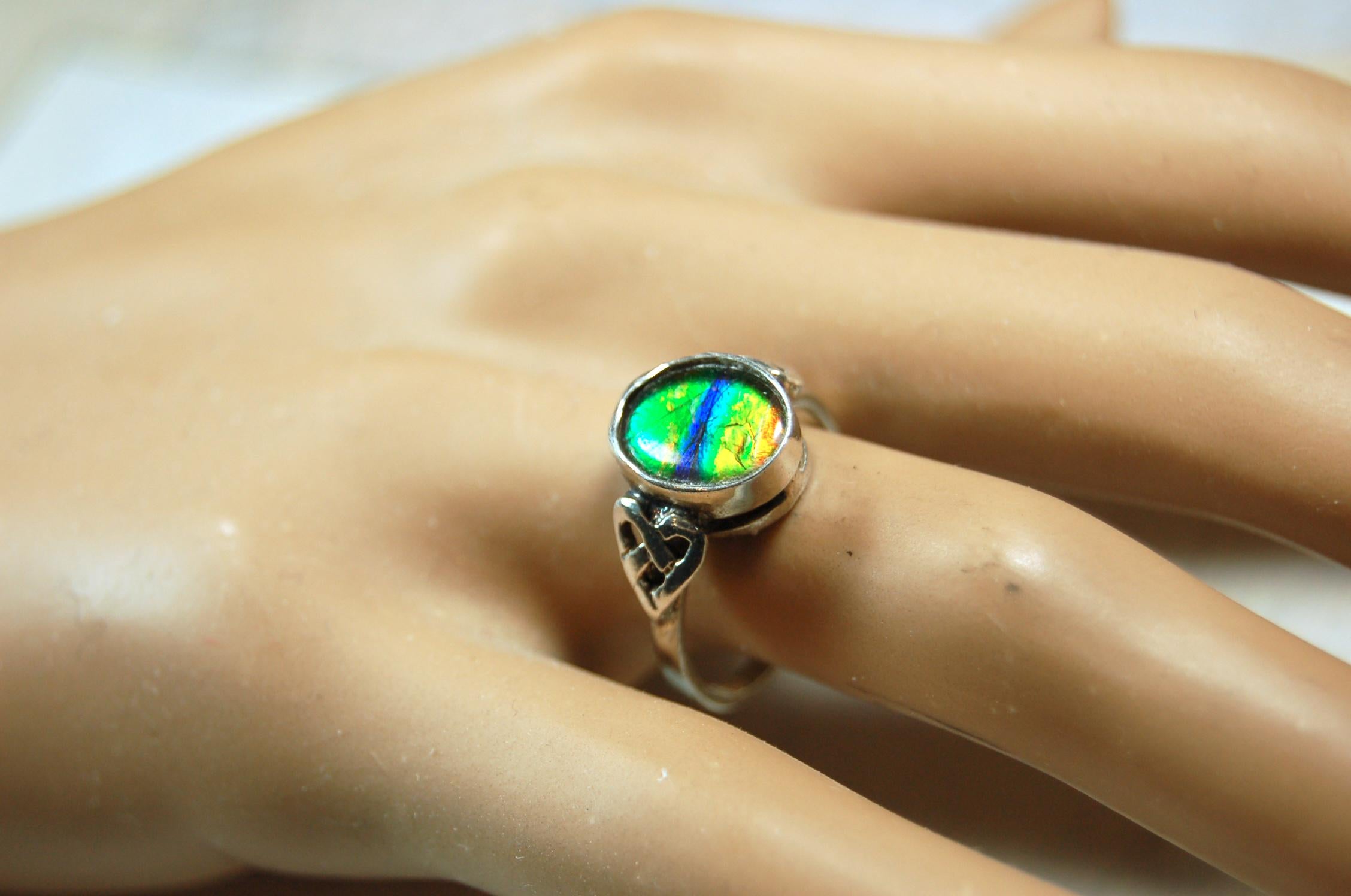 Ammolite ring with Celtic motif.Amazing RARE color scheme. One of a kind gift for wife.Sterling.Size7..031115