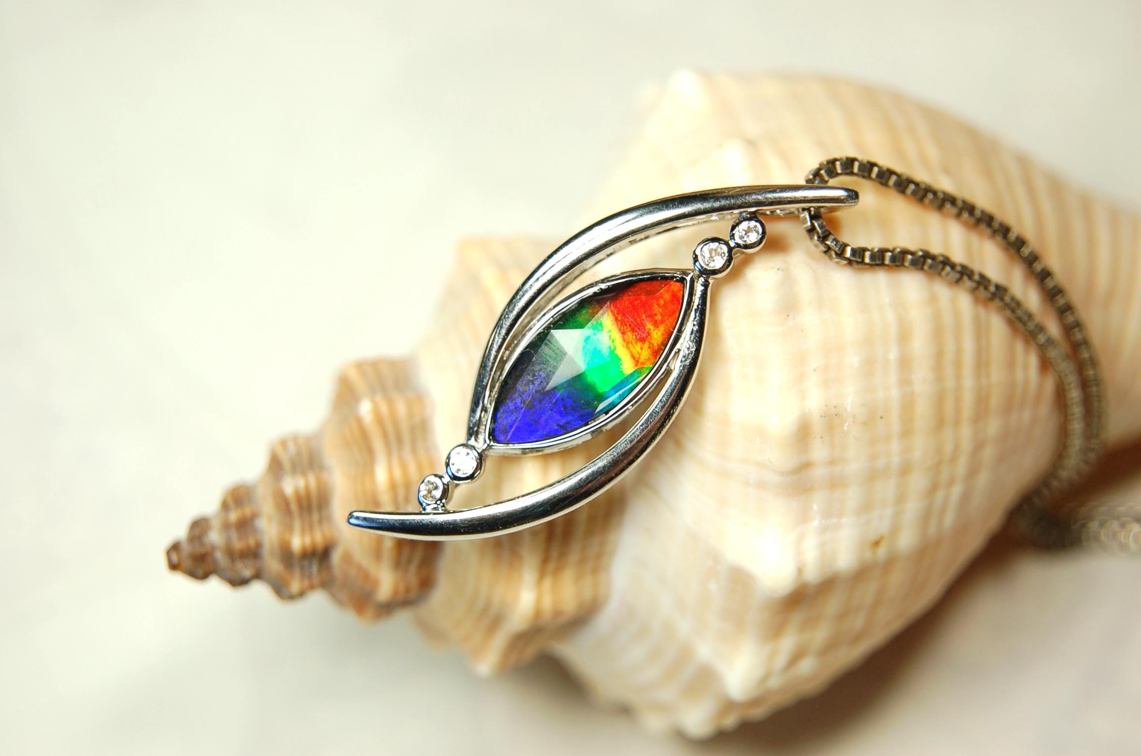 Stunning Ammolite Pendant - Exquisite Ammolite Jewelry for a touch of Elegance!RARE Five color gem.Gift idea for wife.Must see video.082414