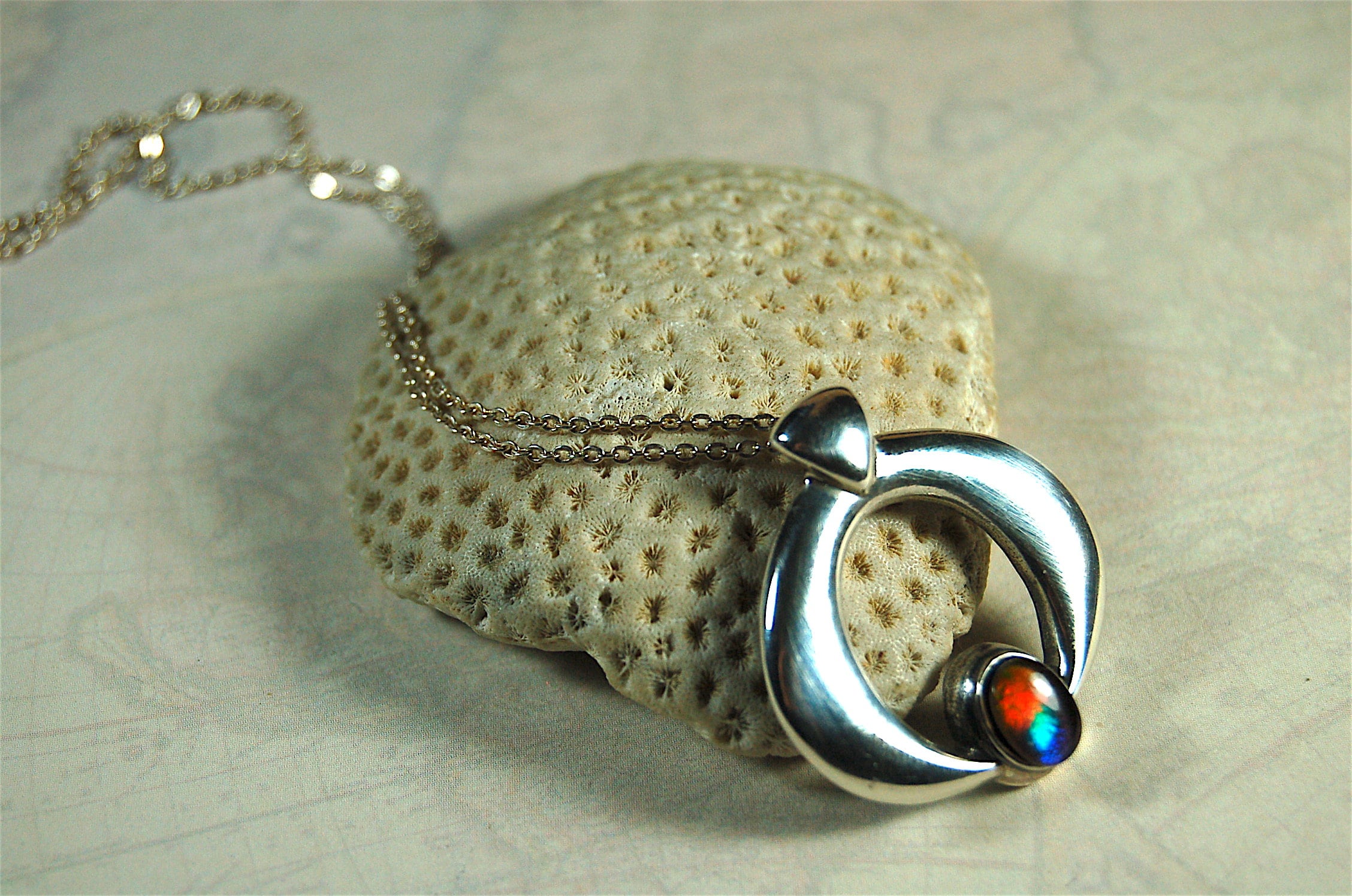 Birthday gift idea for wife.-- tricolor Ammolite pendant gem in striking sterling silver setting.Boho jewelry.#112419