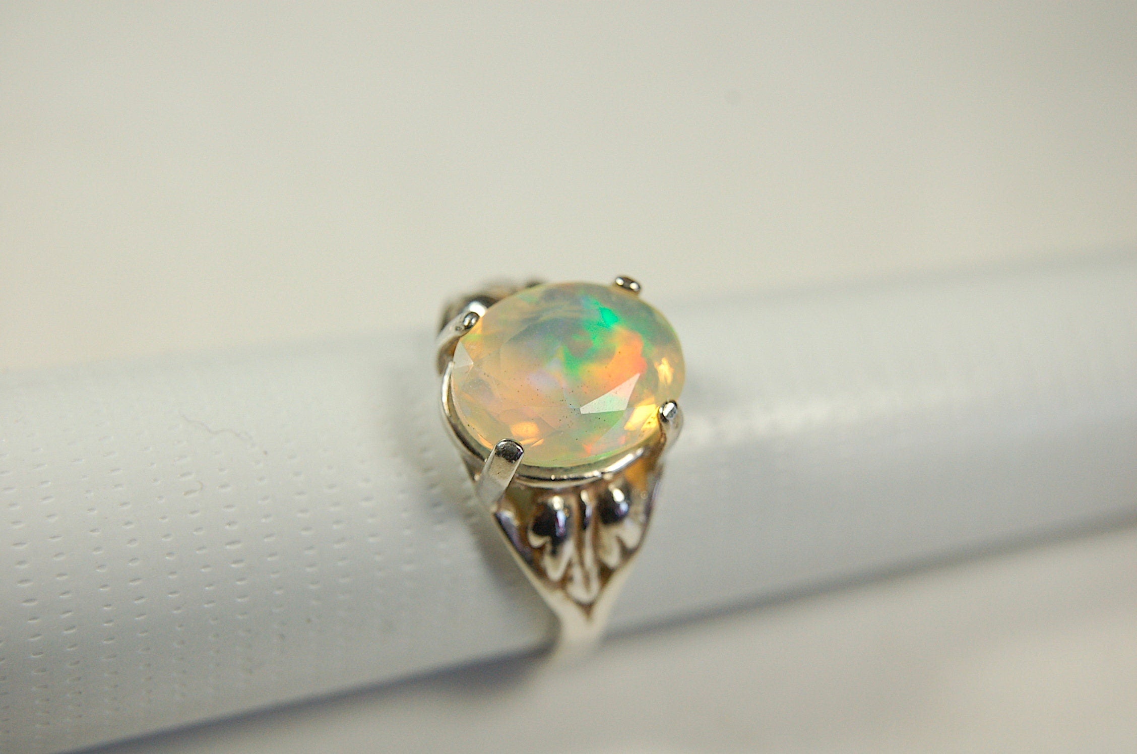 Opal ring.Bright Faceted Natural gem.Lovely flashing colors.#102612