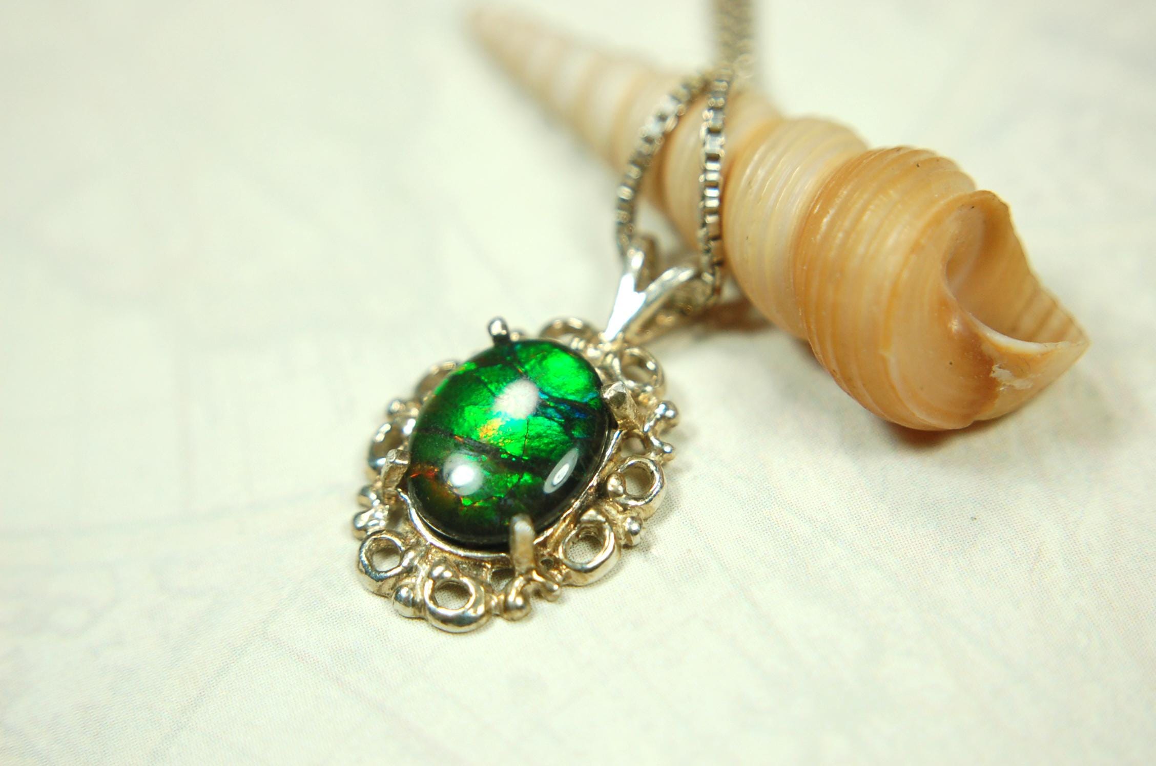 Ammolite Pendant Necklace Sterling Silver Jewelry.- 071015