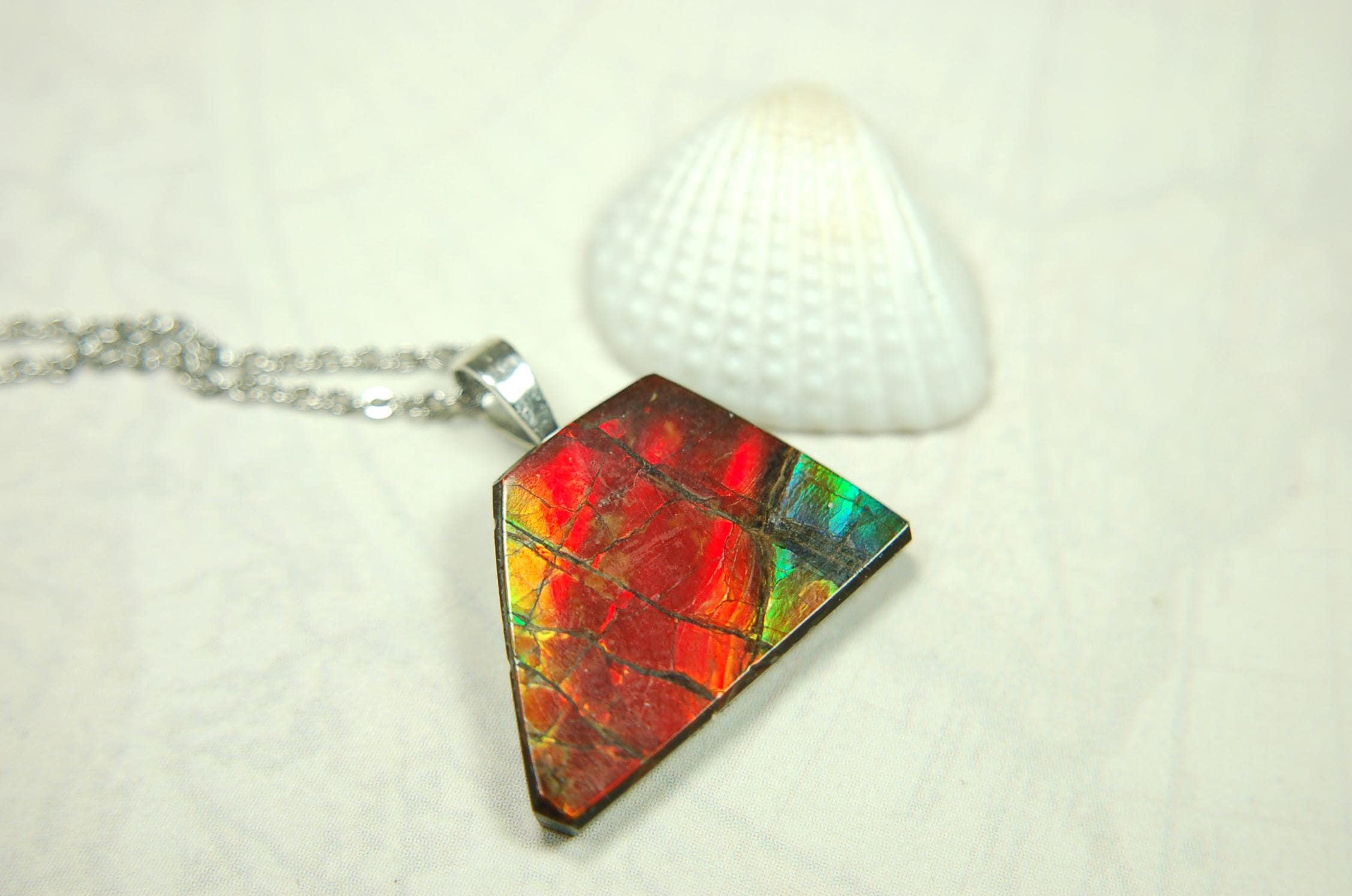 Natural Ammolite pendant with natural cabochon gem mined in Alberta Canada.070915