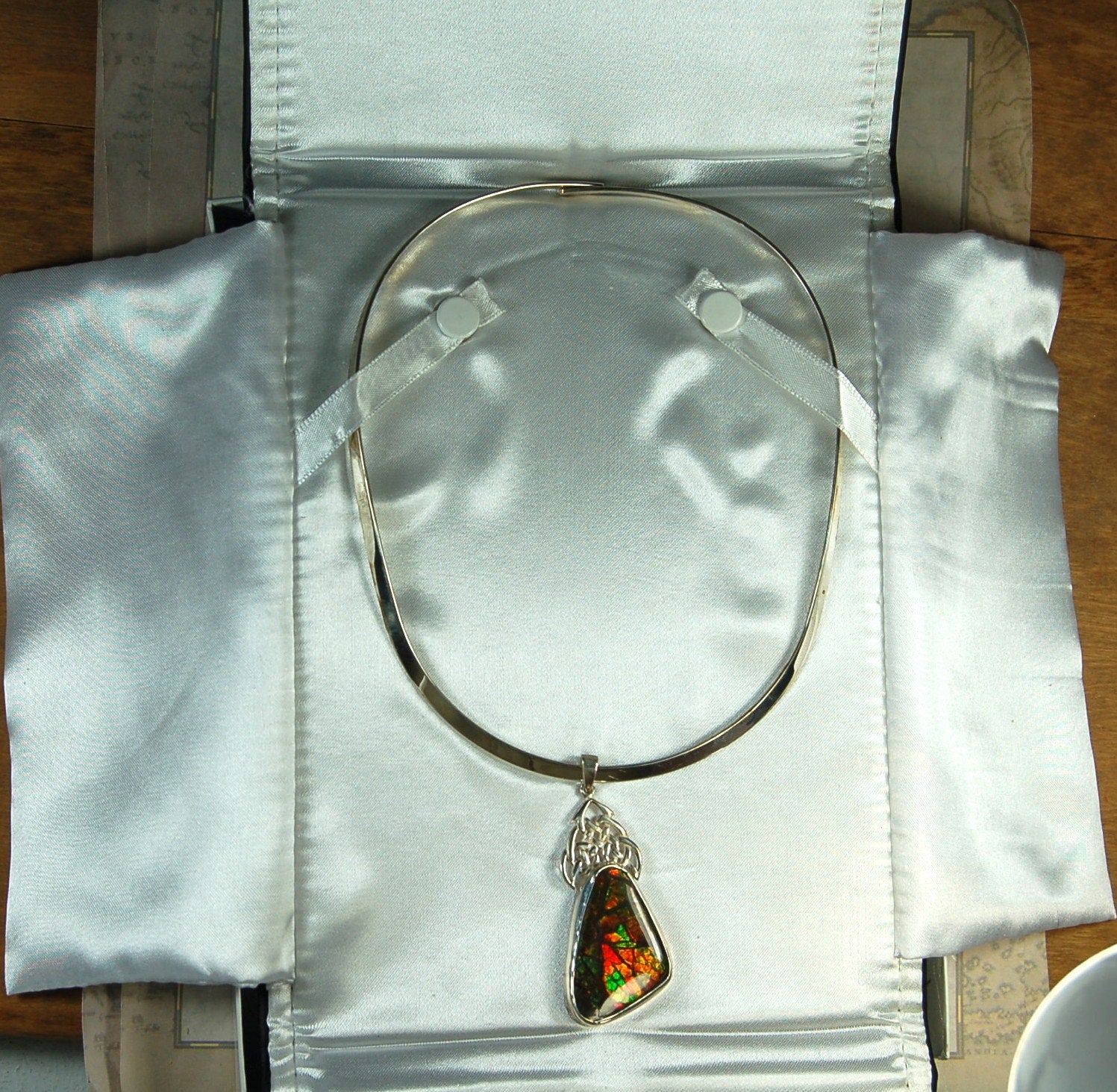 Ammolite Pendant Necklace.Natural very colorful cabochon magnificently set #030411