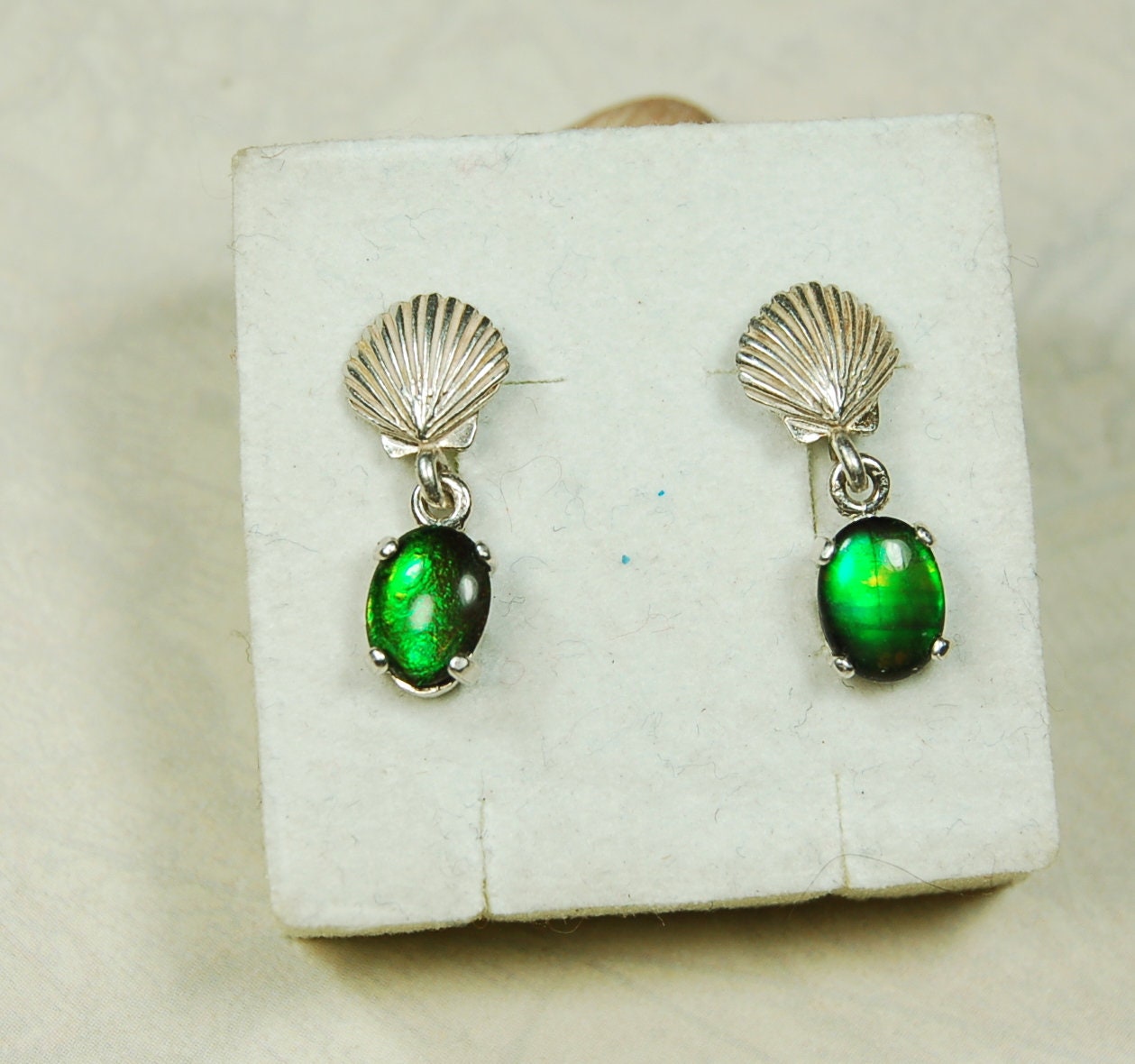 Ammolite Earrings.Brilliant green gems Ammolite jewelry.Details below.