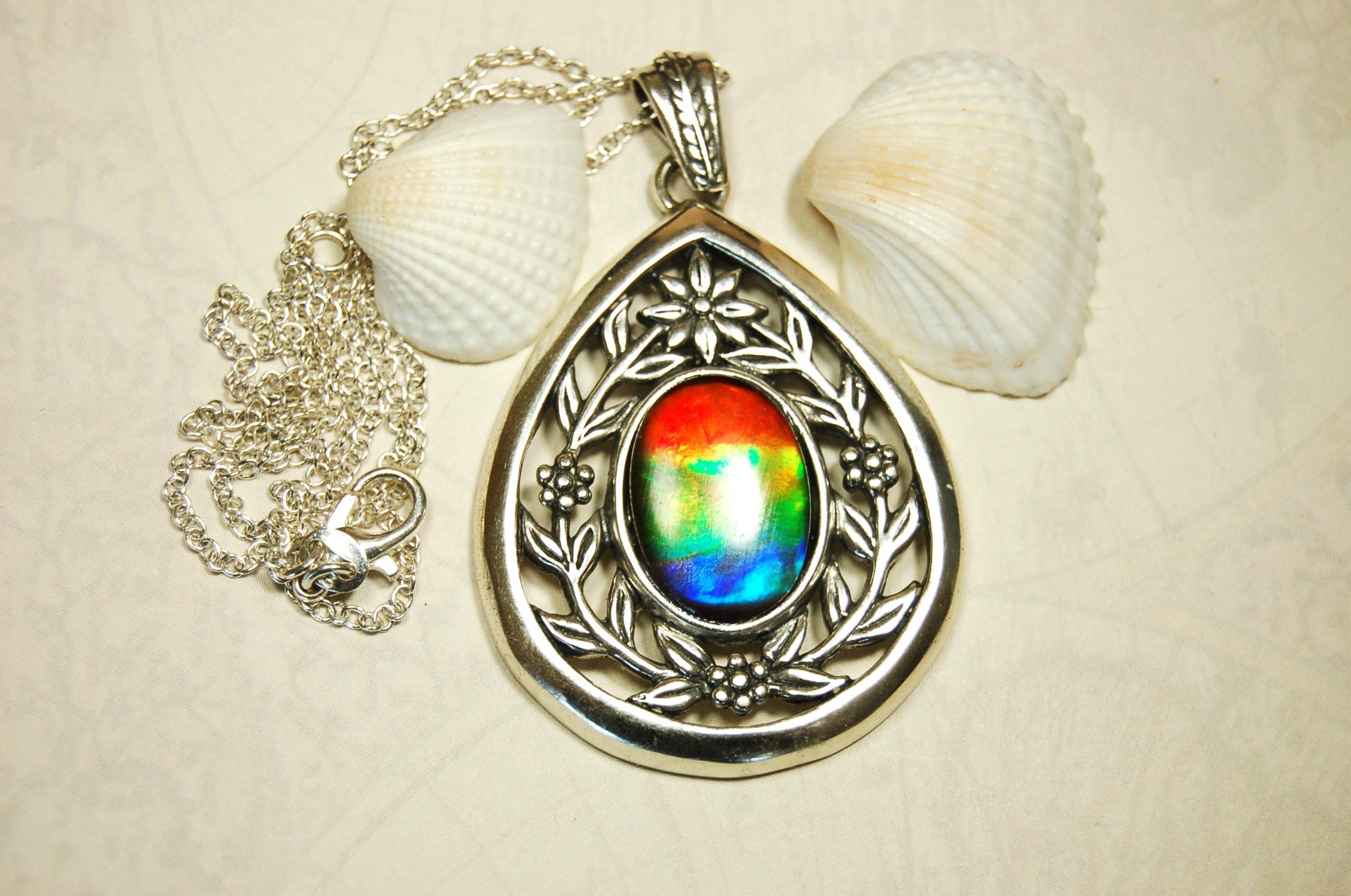 Anniversary gift idea for wife.Ammolite Jewelry Pendant with Rainbow pattern set in solid sterling silver.040416