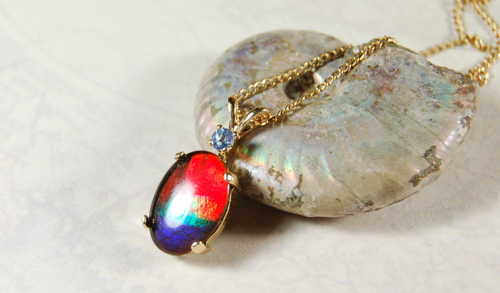 Ammolite Pendant necklace in solid 10k Gold.Mothers day gift she will treasure.High quality Richly colored ammolite gemstone.031729