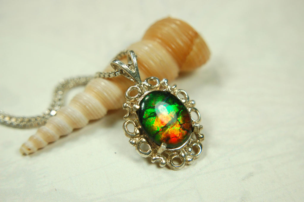 Ammolite Pendant Necklace Sterling Silver Jewelry.- 071015