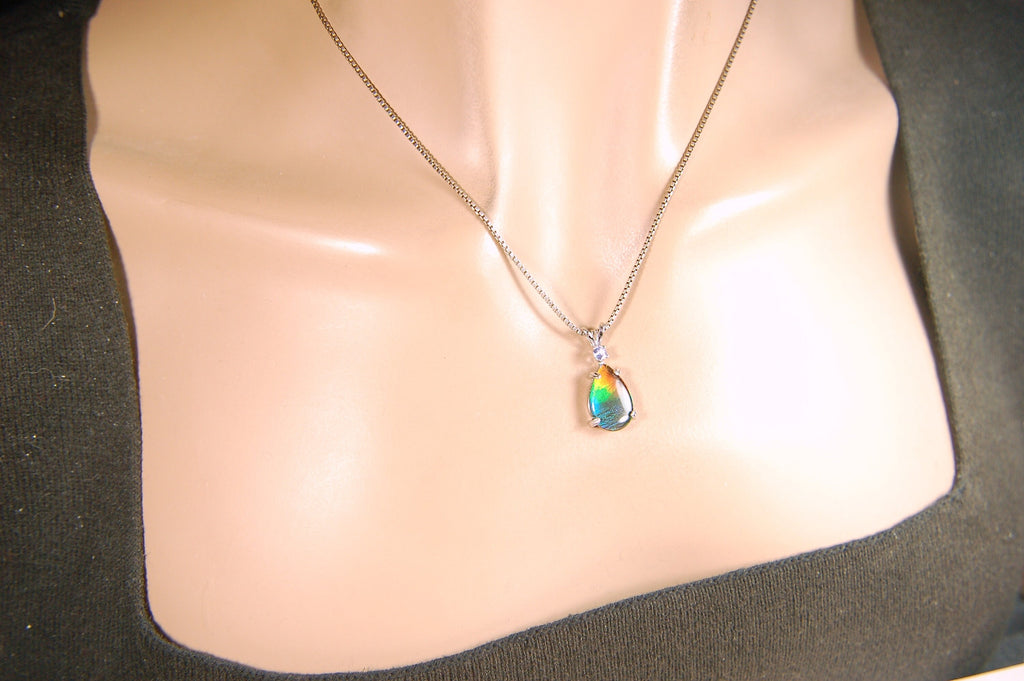 Ammolite Pendant in Sterling Silver with Tanzanite Gem Stone.Rainbow gem.Birthday gift for Wife?Metaphysical powers.032114