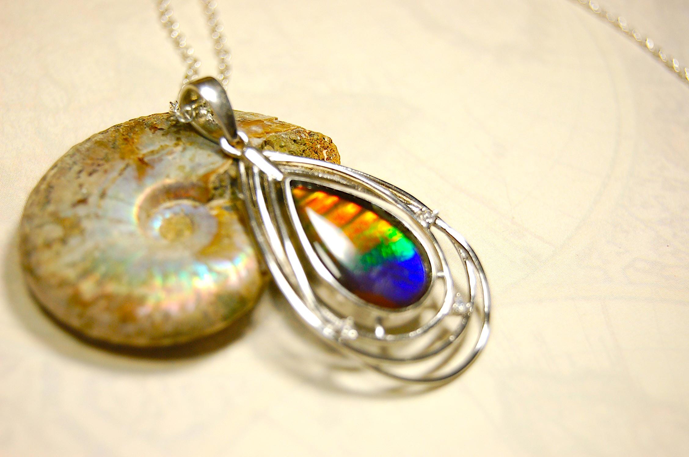 Ammolite Jewelry Pendant.RARE Tiger stripe gem.Unique gemstone.Non Allergenic Rhodium plated Sterling Silver setting.Gift for wife? 032916