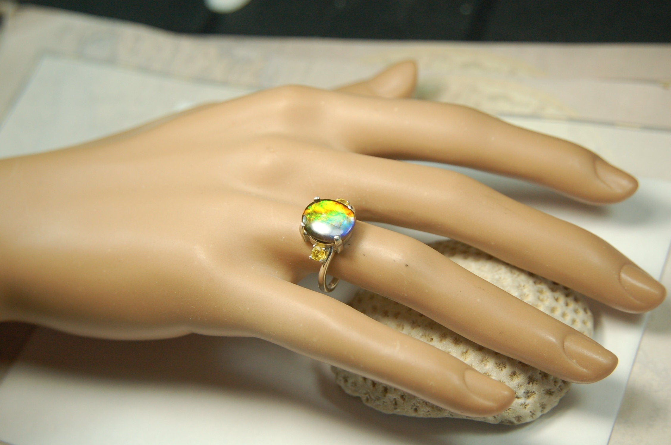 Ammolite Ring.Gift for wife.Learn about Canadas rarest gemstone.Must see video#121611