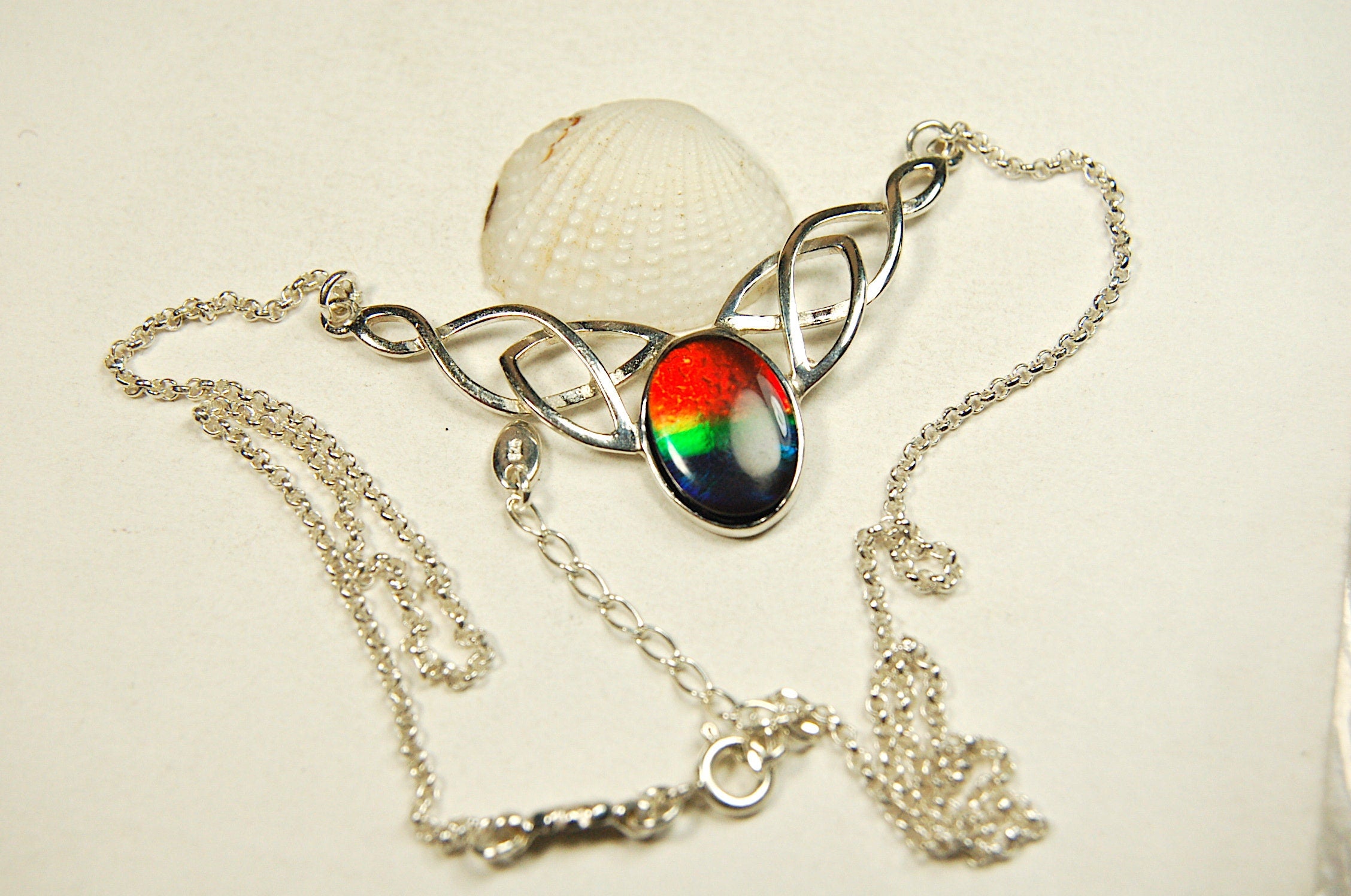 Ammolite Celtic Necklace.RARE four color rainbow gem.The Perfect Birthday Gift for Wife.Canadian ammolite.#112413