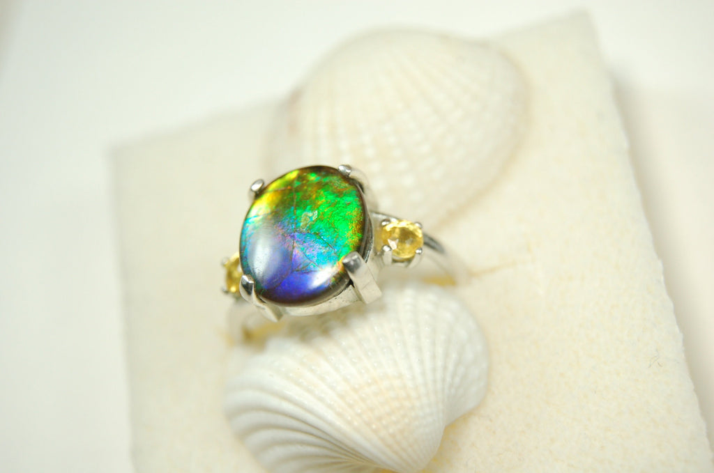 Ammolite Ring.Gift for wife.Learn about Canadas rarest gemstone.Must see video#121611