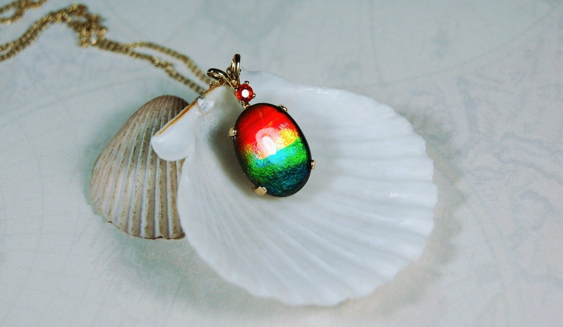 Vibrant Ammolite Pendant in 10k solid Gold with Chain - Eye-Catching Ammolite Jewelry for a Standout Style.Birthday Gift for her?#082919