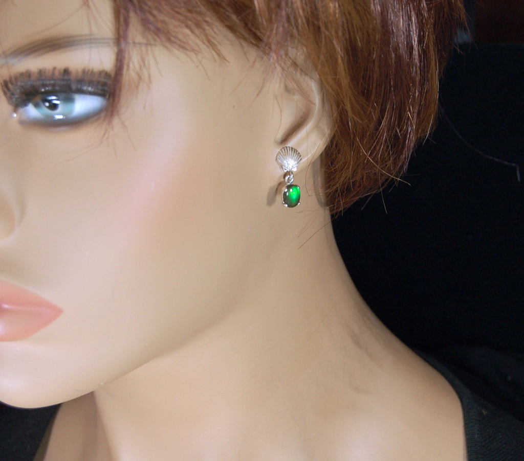 Ammolite Earrings.Brilliant green gems Ammolite jewelry.Details below.