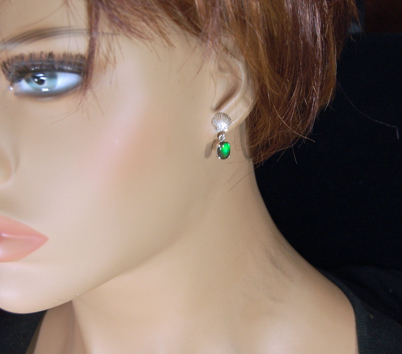 Ammolite Earrings.Brilliant green gems Ammolite jewelry.Details below.