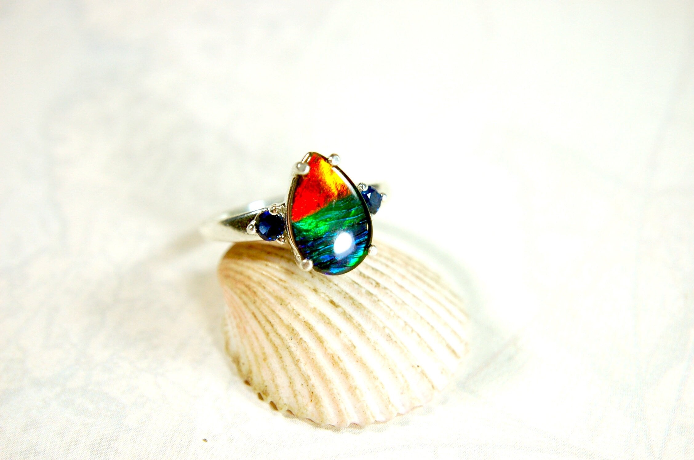Ammolite teardrop Ring with four rich colors.Set in sterling silver.Size 7.Perfect gift for her.One of a kind ring.041214