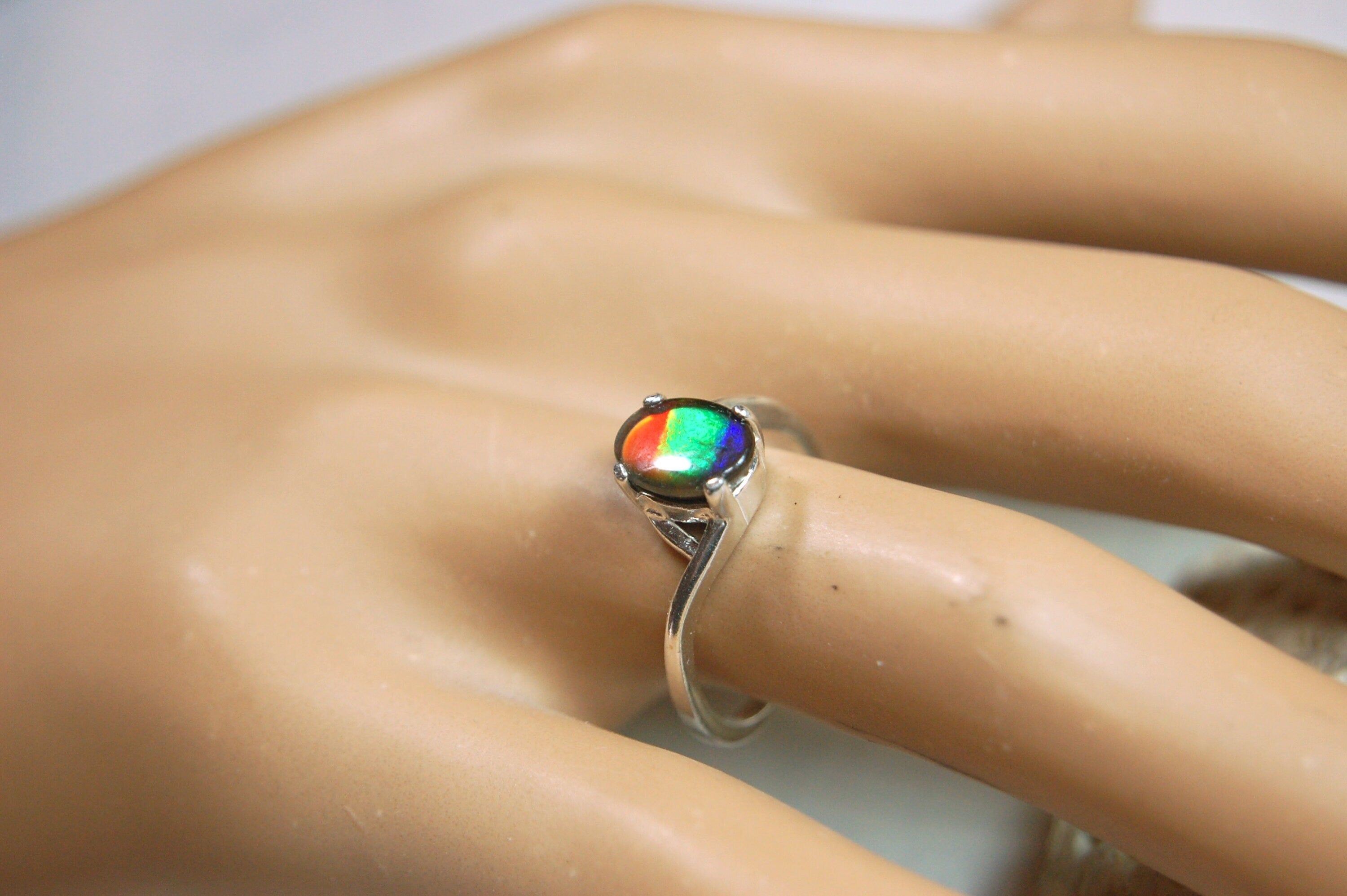 Dainty Ammolite Ring with four colors.Sterling silver ring for women.Size 6.Rare Iridescent Gemstone Necklace.Gift for wife.013114