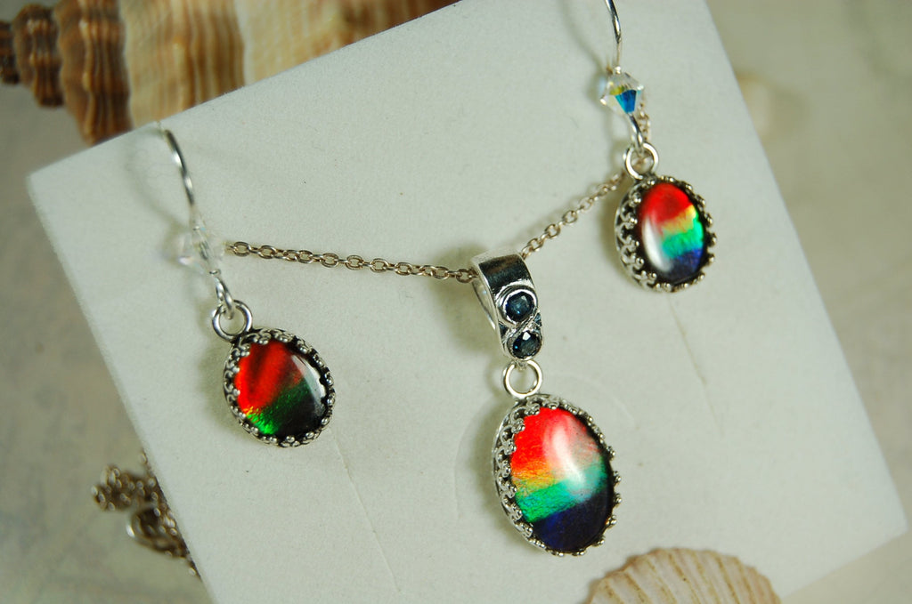 Birthday or Anniversary gift idea for wife. Ammolite Pendant Earring Set.Nicely matched brilliant tricolor gems.#102910