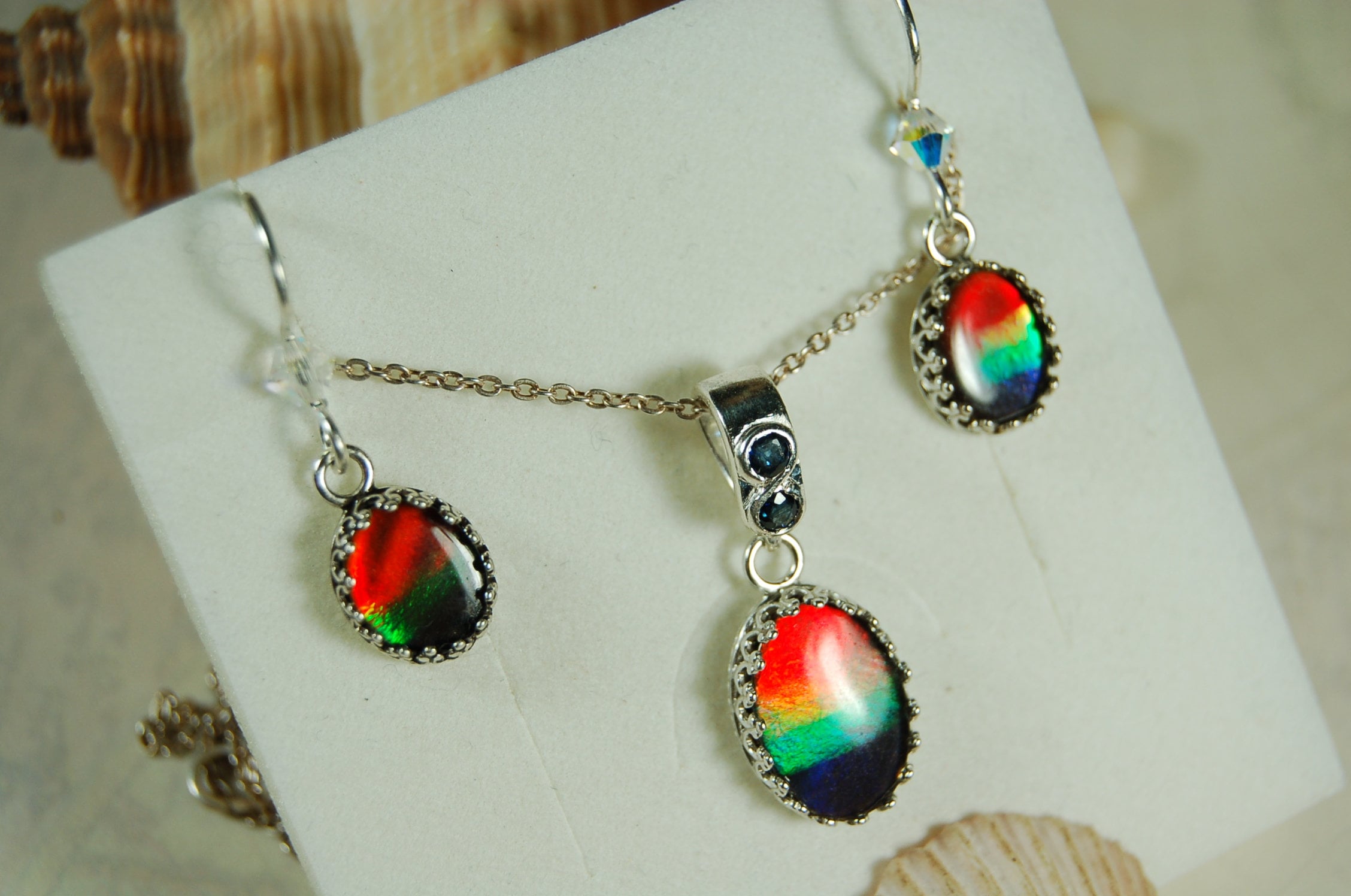 Birthday or Anniversary gift idea for wife. Ammolite Pendant Earring Set.Nicely matched brilliant tricolor gems.#102910