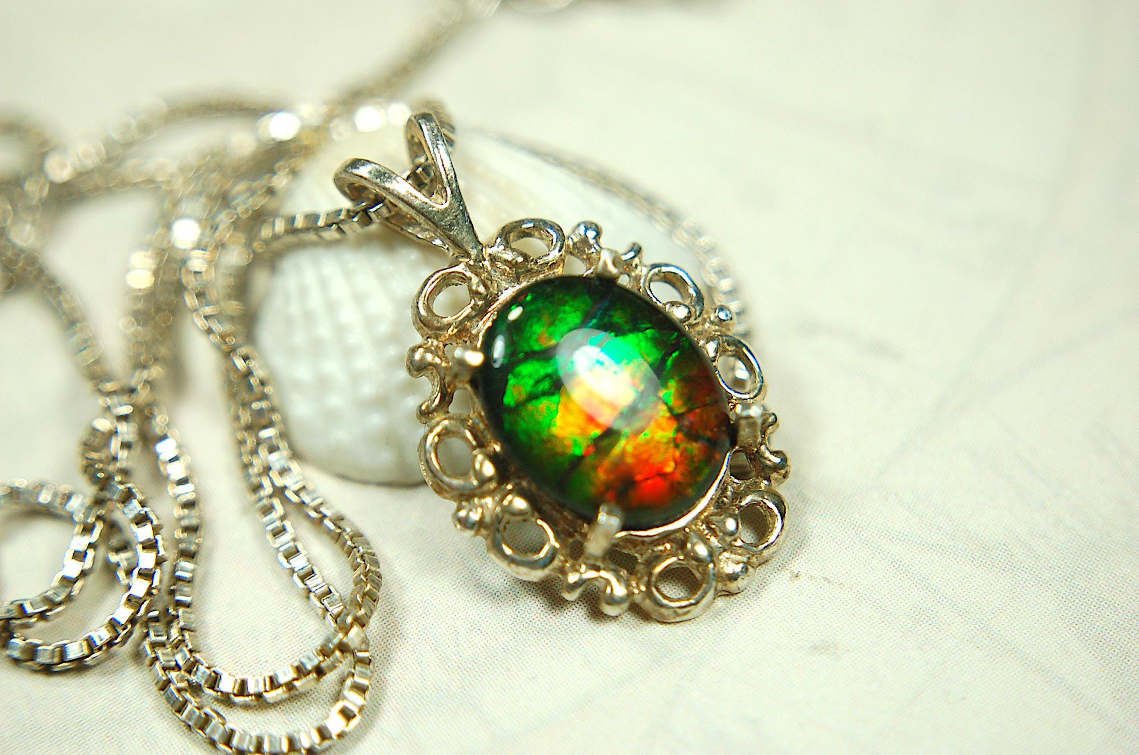 Ammolite Pendant Necklace Sterling Silver Jewelry.- 071015