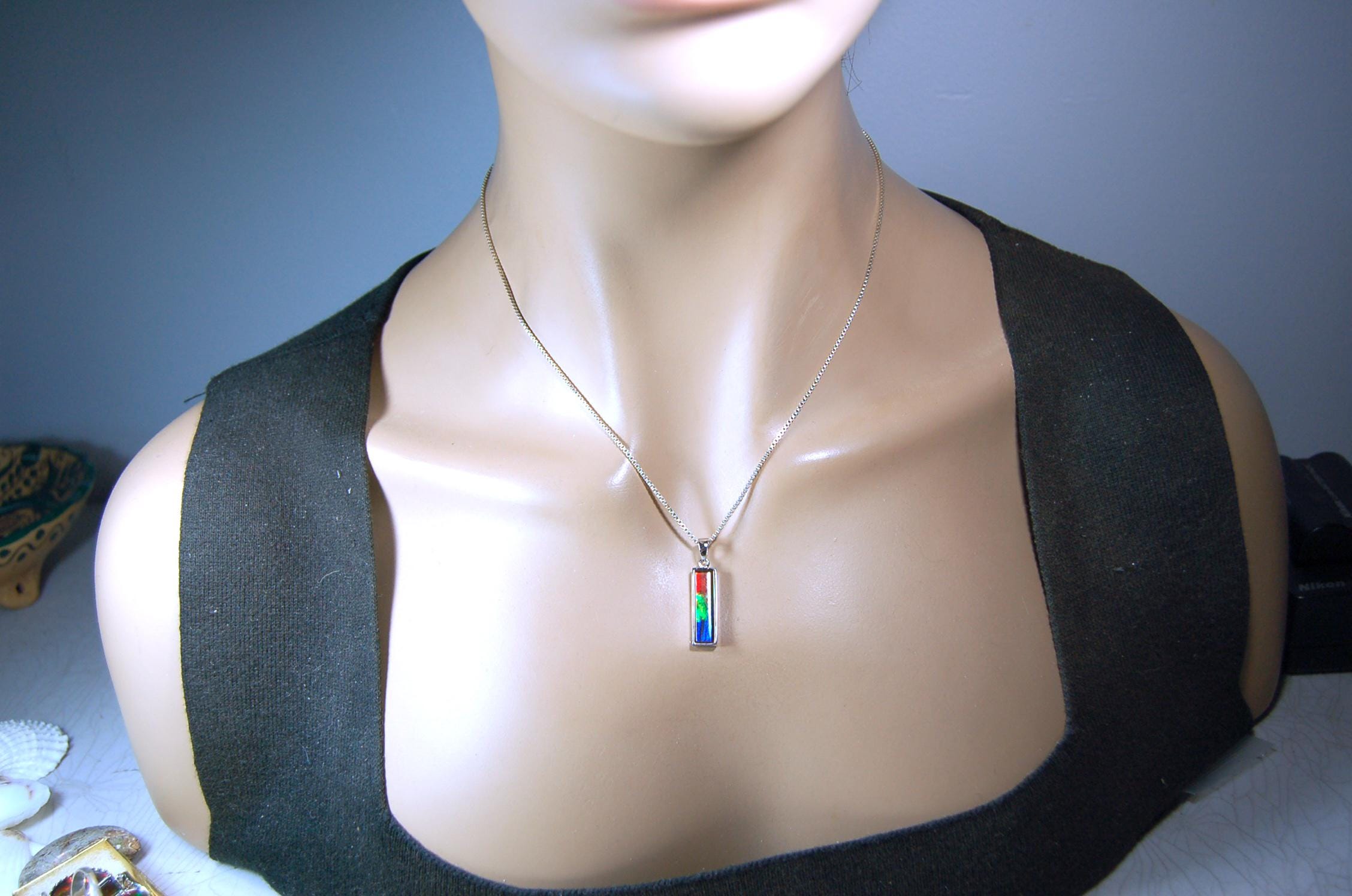 Ammolite.Striking Pendant.A Column Rich Rainbow colors.High quality Ammolite from Alberta Canada.Perfect gift for wife.050815