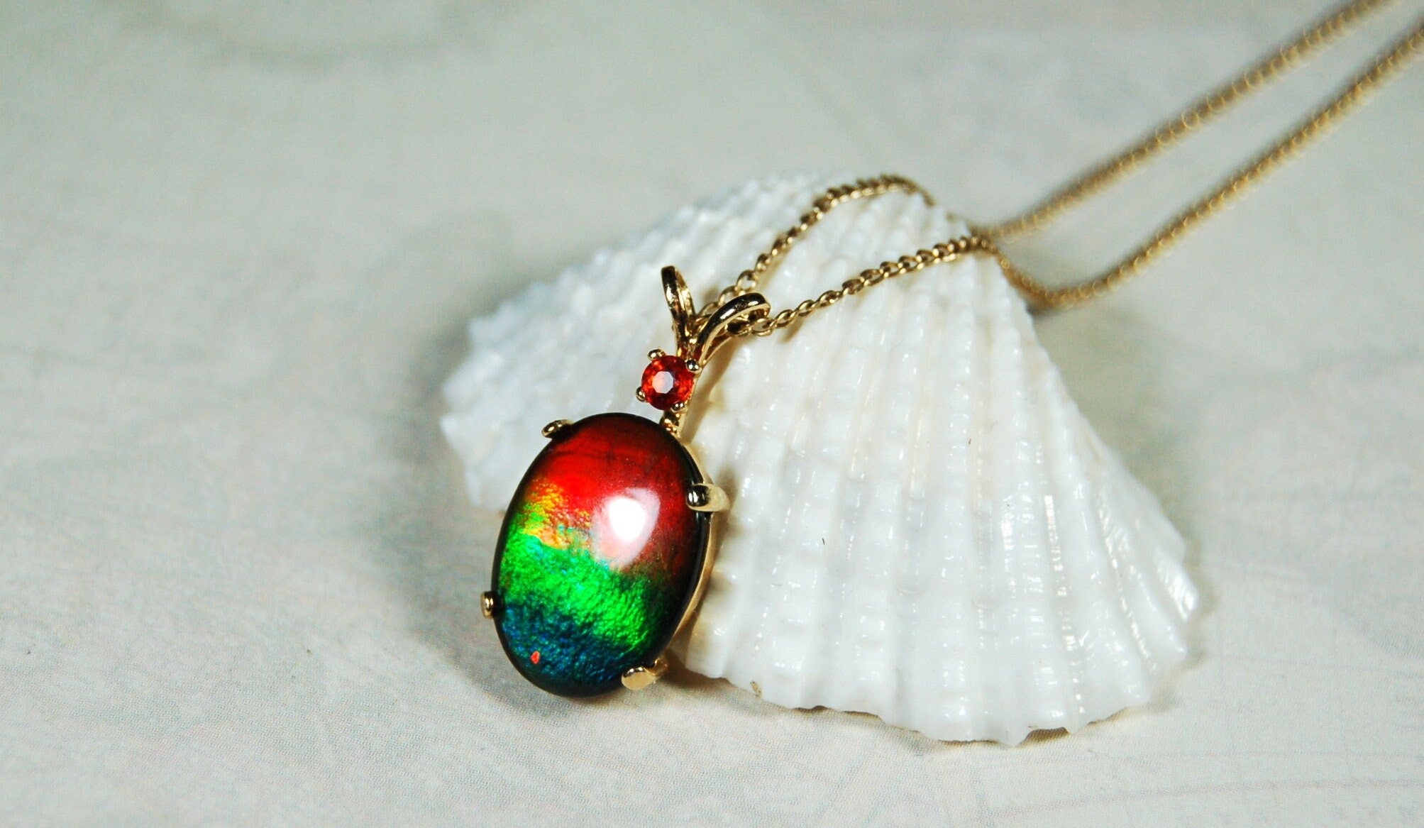 Vibrant Ammolite Pendant in 10k solid Gold with Chain - Eye-Catching Ammolite Jewelry for a Standout Style.Birthday Gift for her?#082919