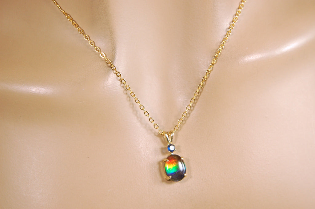 Petite Ammolite Jewelry Pendant in solid 10k Gold with Sapphire.Canadian Ammolite The Perfect Birthday Gift for Wife.032614