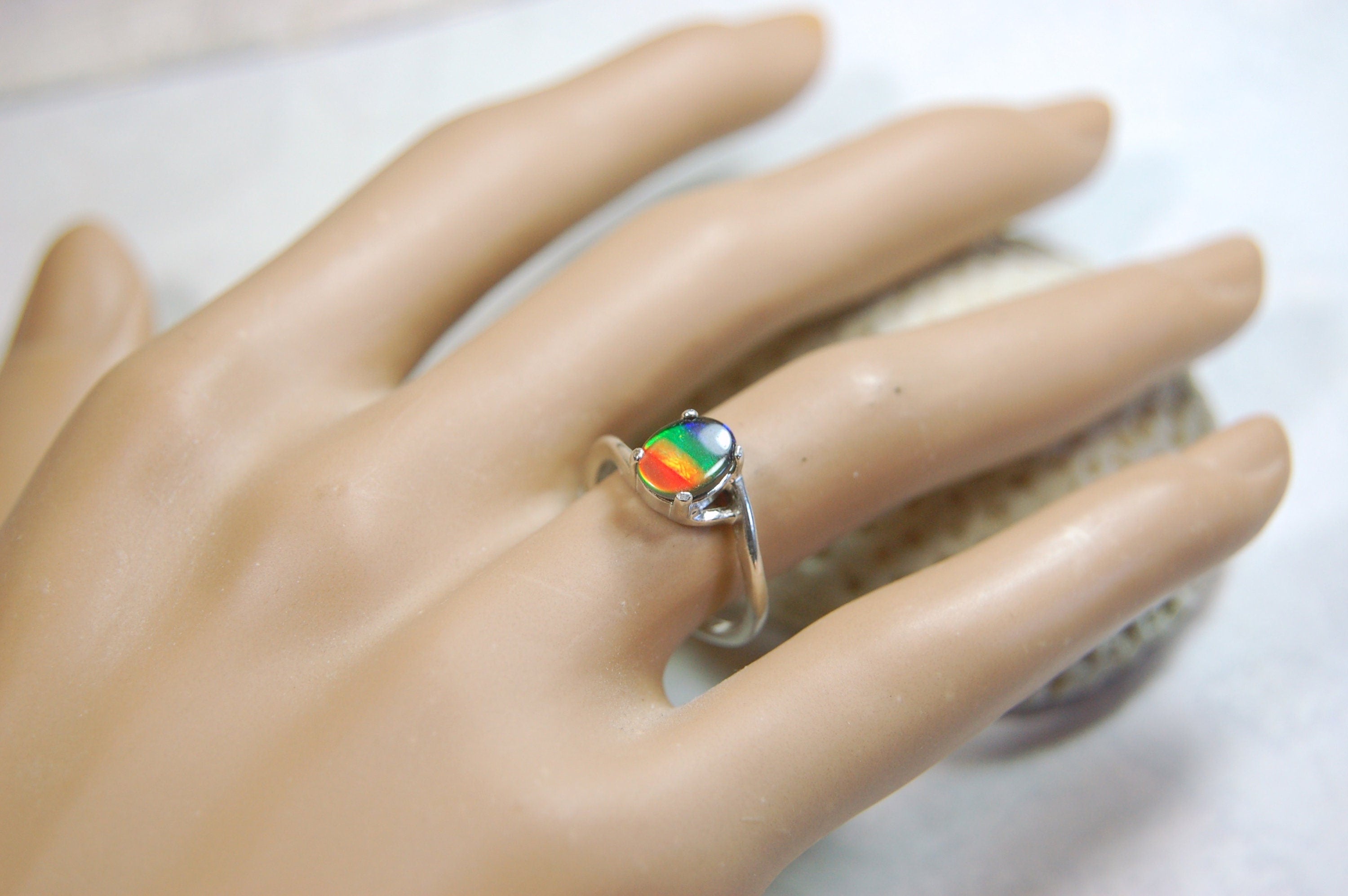 Dainty Ammolite Ring with four colors.Sterling silver ring for women.Size 6.Rare Iridescent Gemstone Necklace.Gift for wife.013114