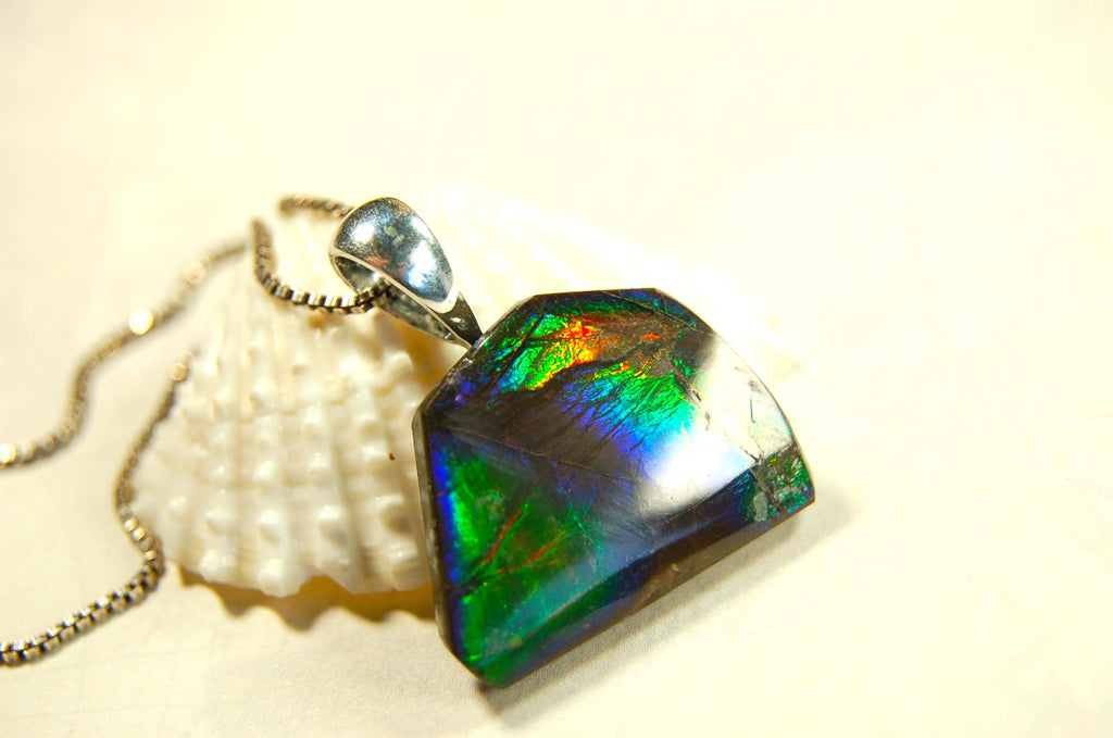 Ammolite Jewelry Pendant Certified Canadian Gem.Ammolite Freeform Gem.Unisex and minimalist Style Jewelry.Gift idea?Must see video. 081714