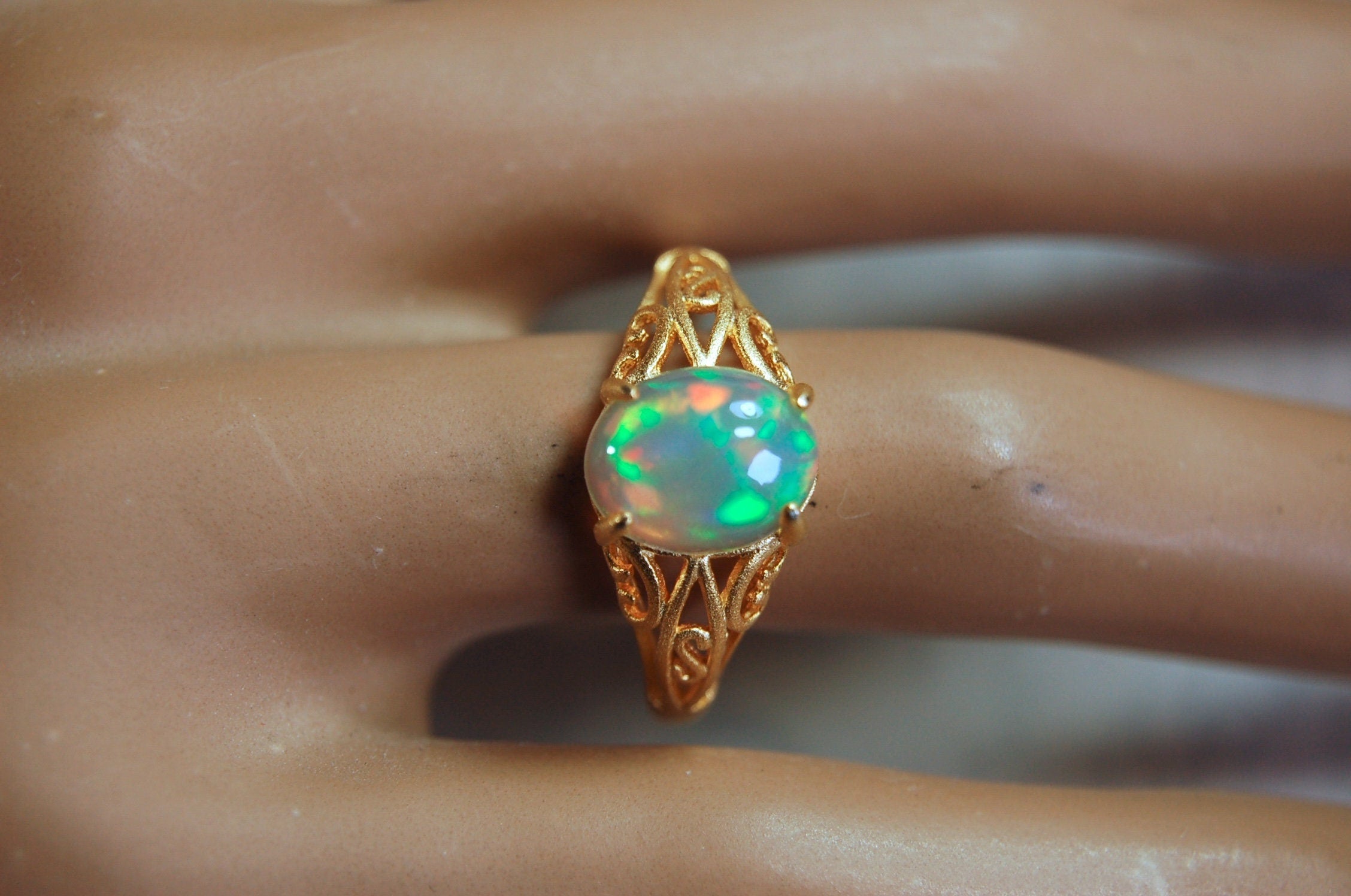 Gorgeous Opal Ring- Bright rolling colors.Absolutely natural gem.Unique Jewelry Gift for Her..