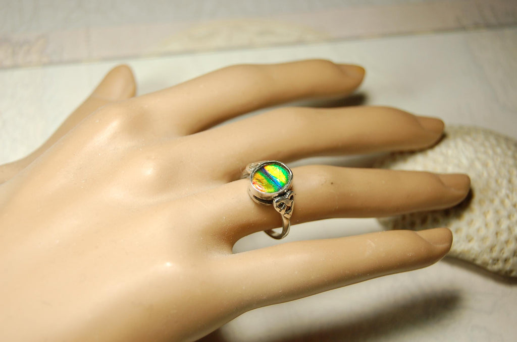 Ammolite ring with Celtic motif.Amazing RARE color scheme. One of a kind gift for wife.Sterling.Size7..031115