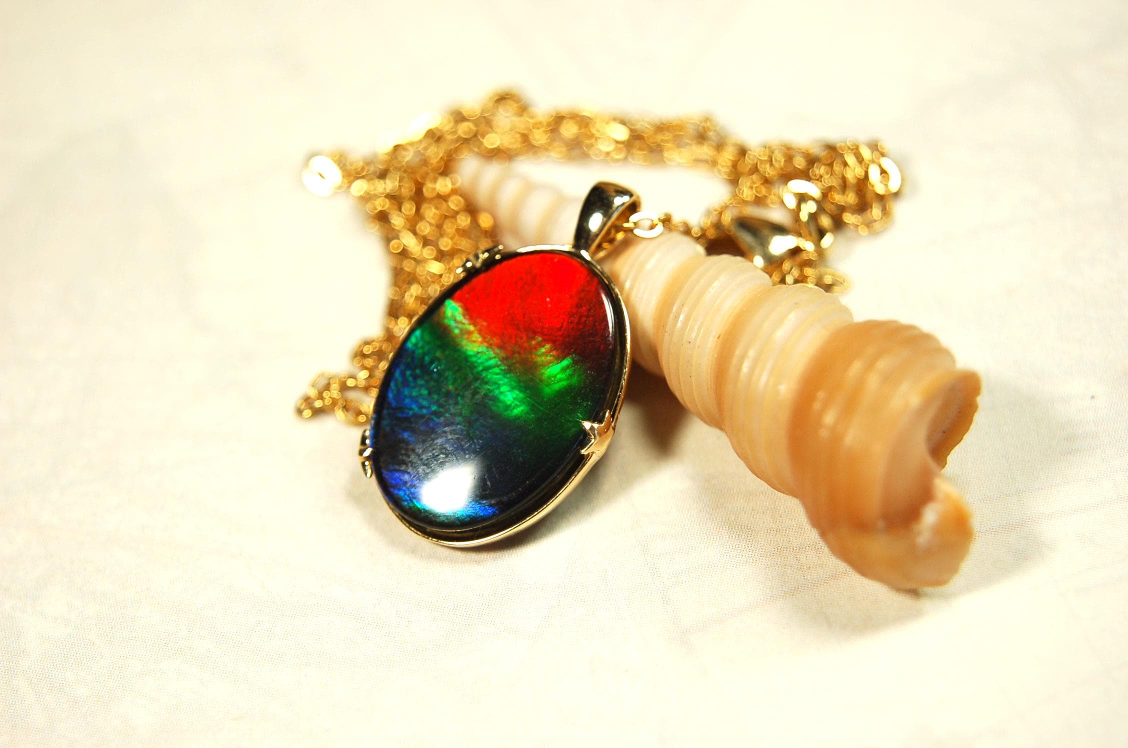 14k gold set ammolite pendant.Gift idea for wife?Rainbow colors.High quality Ammolite.090614