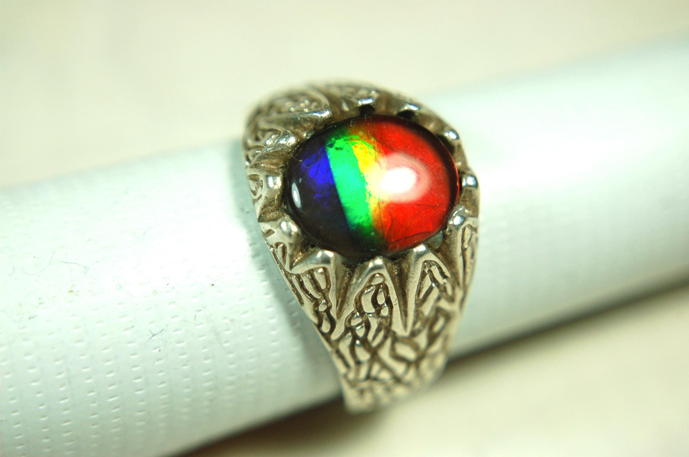 Ammolite Mens Ring of Four Colors.Size 11.Powerful Statement Ring in heavily carved Sterling Silver..061815