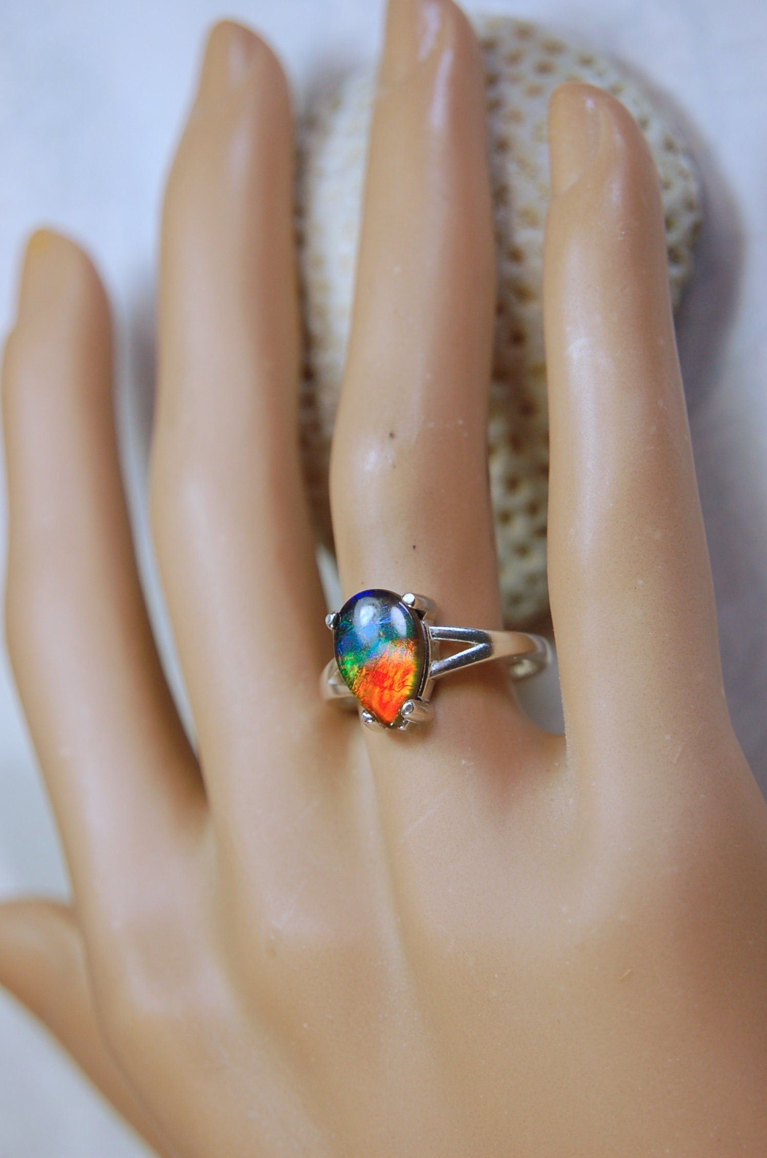 Ammolite Jewelry Ring with FIVE colors Pear Shaped Gem in Sterling Silver size 7.Birthday Gift for Wife?Rainbow color gem.032214