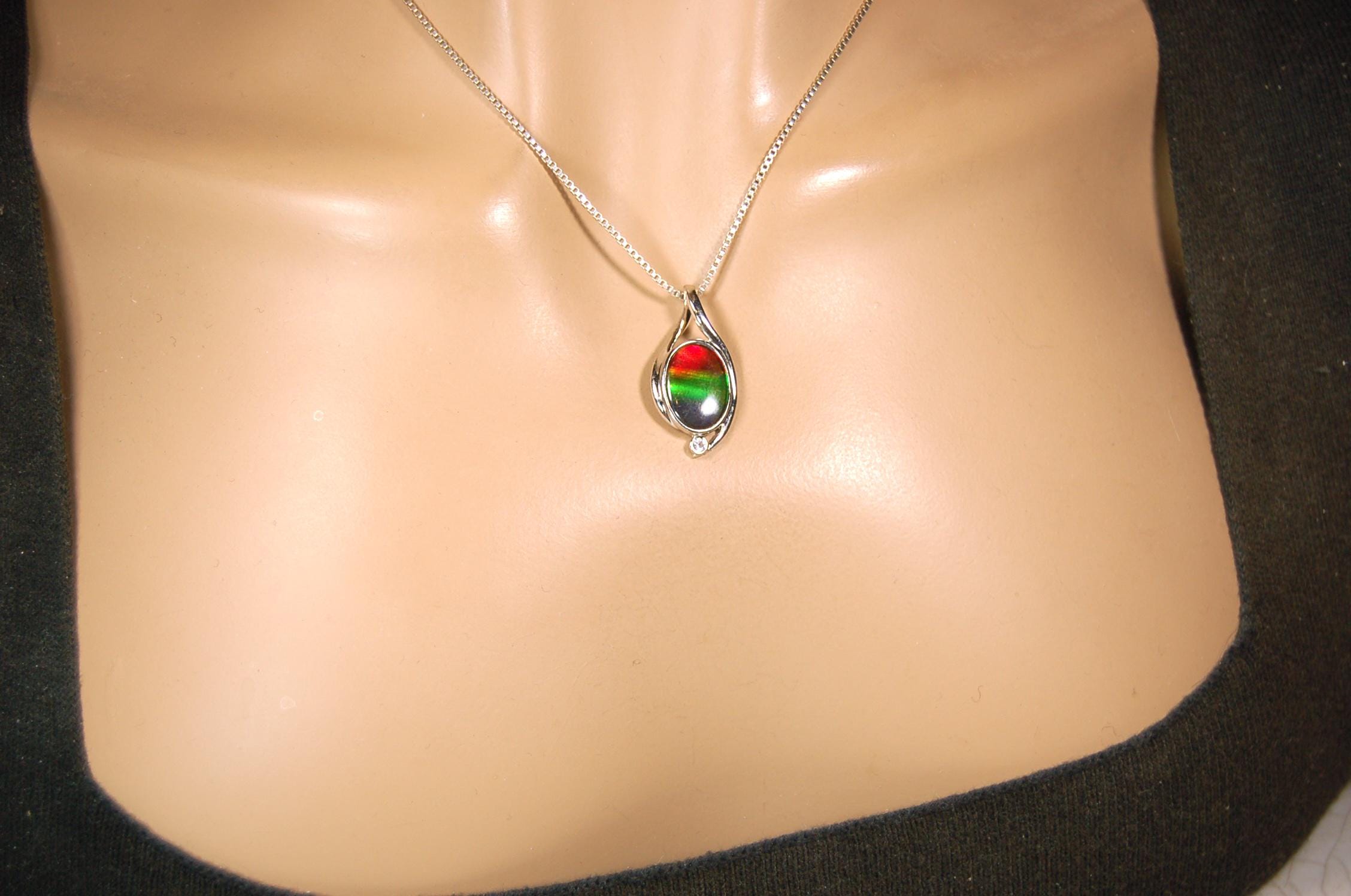 Sterling Silver Ammolite Pendant – Natural Rainbow Fossil Gemstone Necklace – Handmade Jewelry-.052015