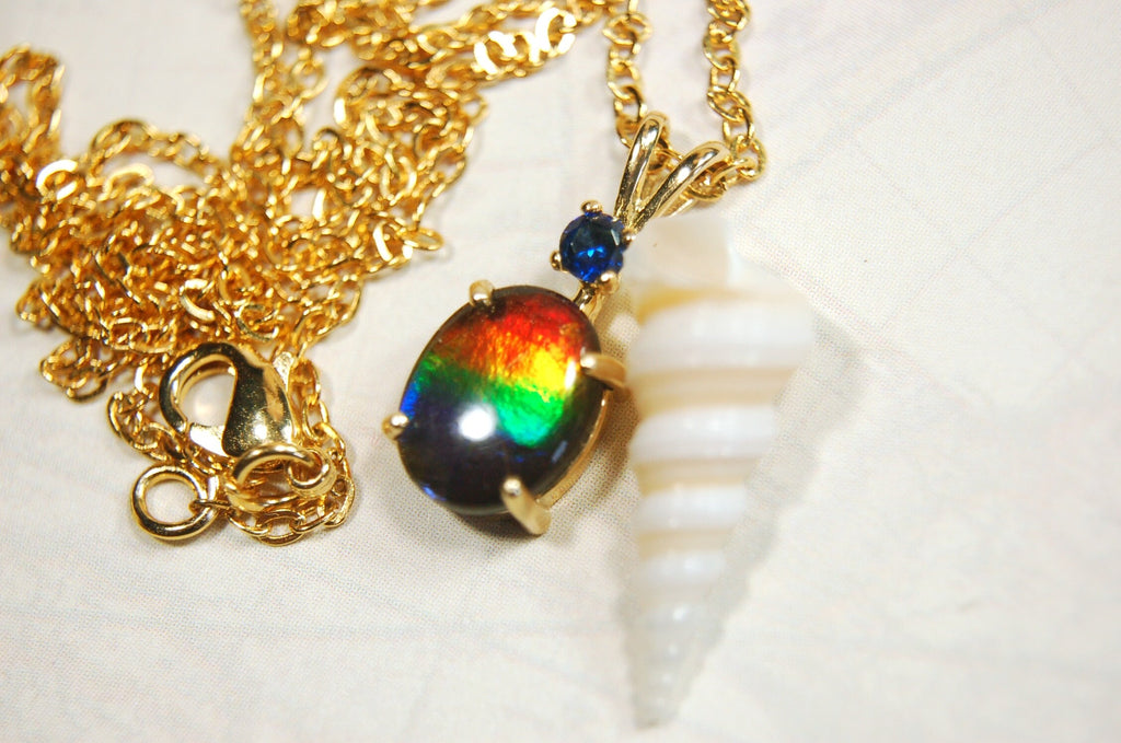 Petite Ammolite Jewelry Pendant in solid 10k Gold with Sapphire.Canadian Ammolite The Perfect Birthday Gift for Wife.032614