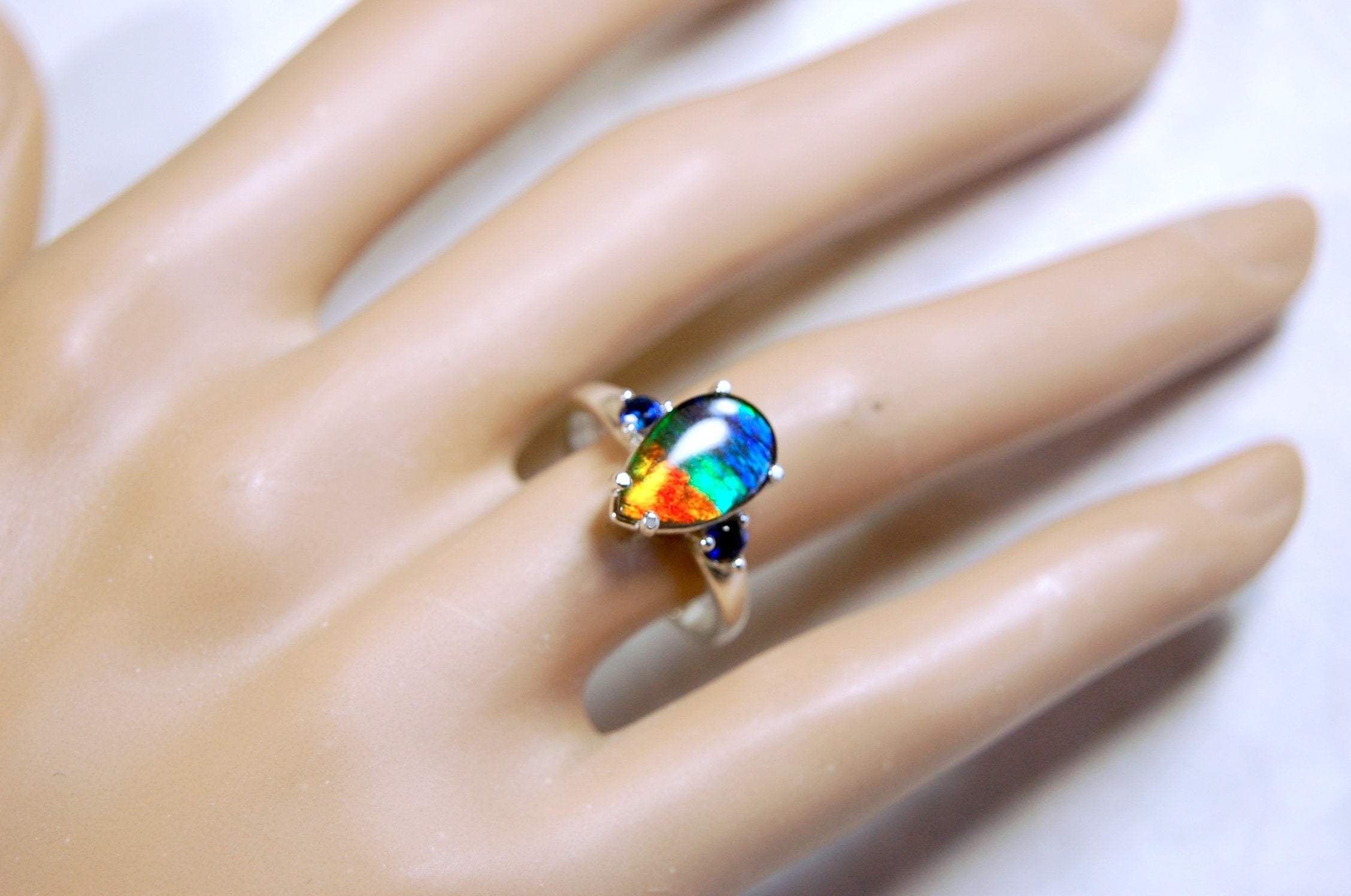 Ammolite teardrop Ring with four rich colors.Set in sterling silver.Size 7.Perfect gift for her.One of a kind ring.041214