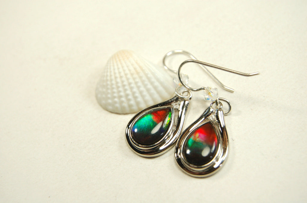 Ammolite Jewelry Earrings Drop Dangles.Brilliant rainbow ammolites with RARE Rich colors.Birthday Gift for Wife?#111133