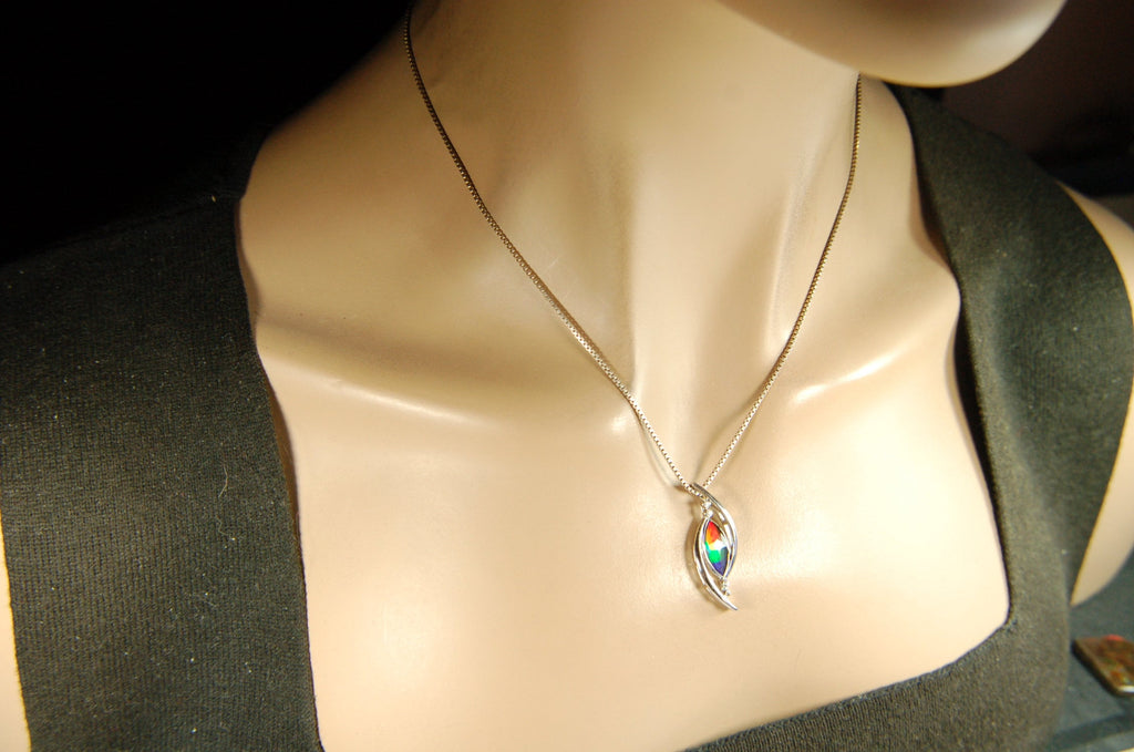 Unique Ammolite Jewelry Pendant Necklace from Canada.RARE Faceted four color gem.Perfect Gift.Bright changing colors. Elegant design 100613.