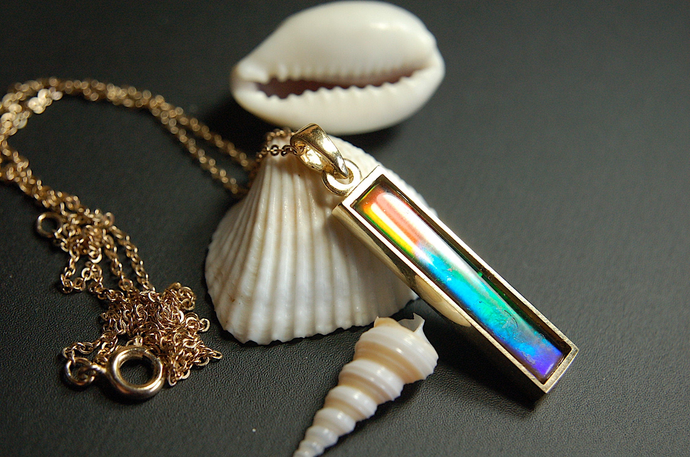 Ammolite Pendant Necklace in 14k Gold.A column of RARE ammolite rainbow colors.Minimalist and Unisex Jewelry.052512