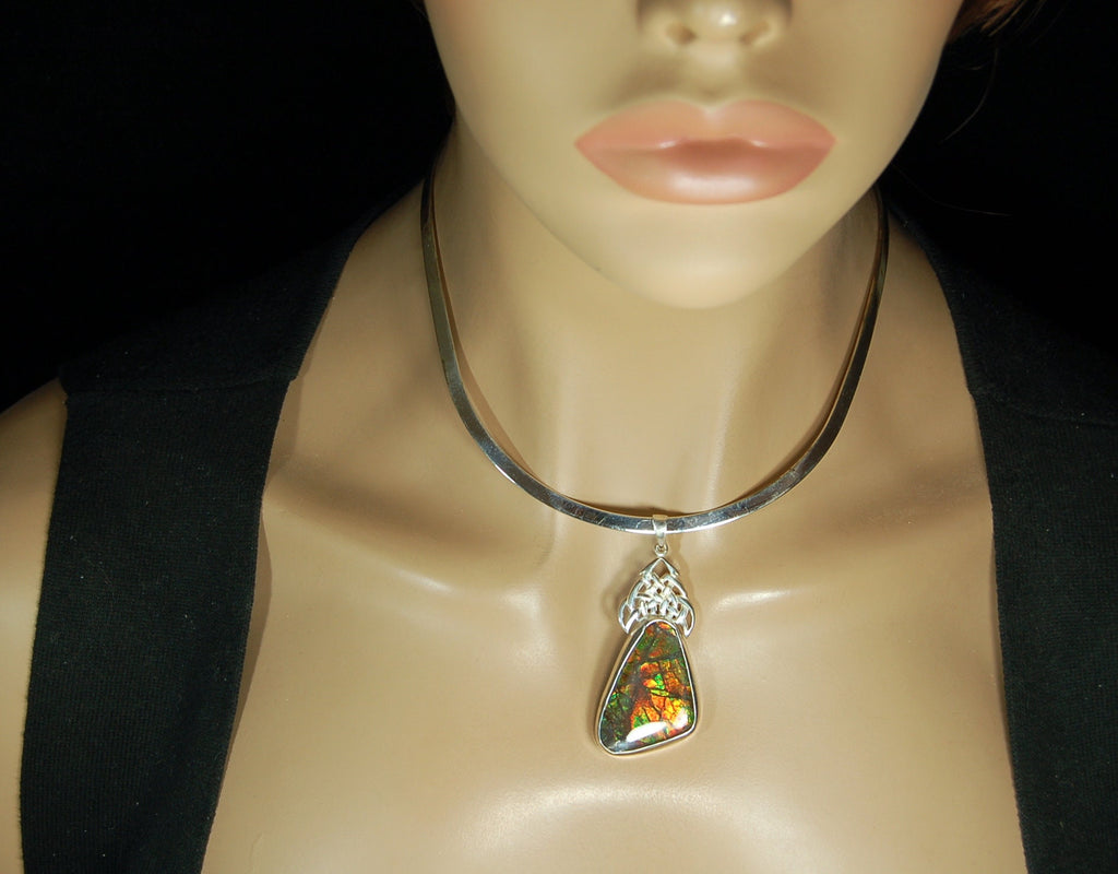 Ammolite Pendant Necklace.Natural very colorful cabochon magnificently set #030411
