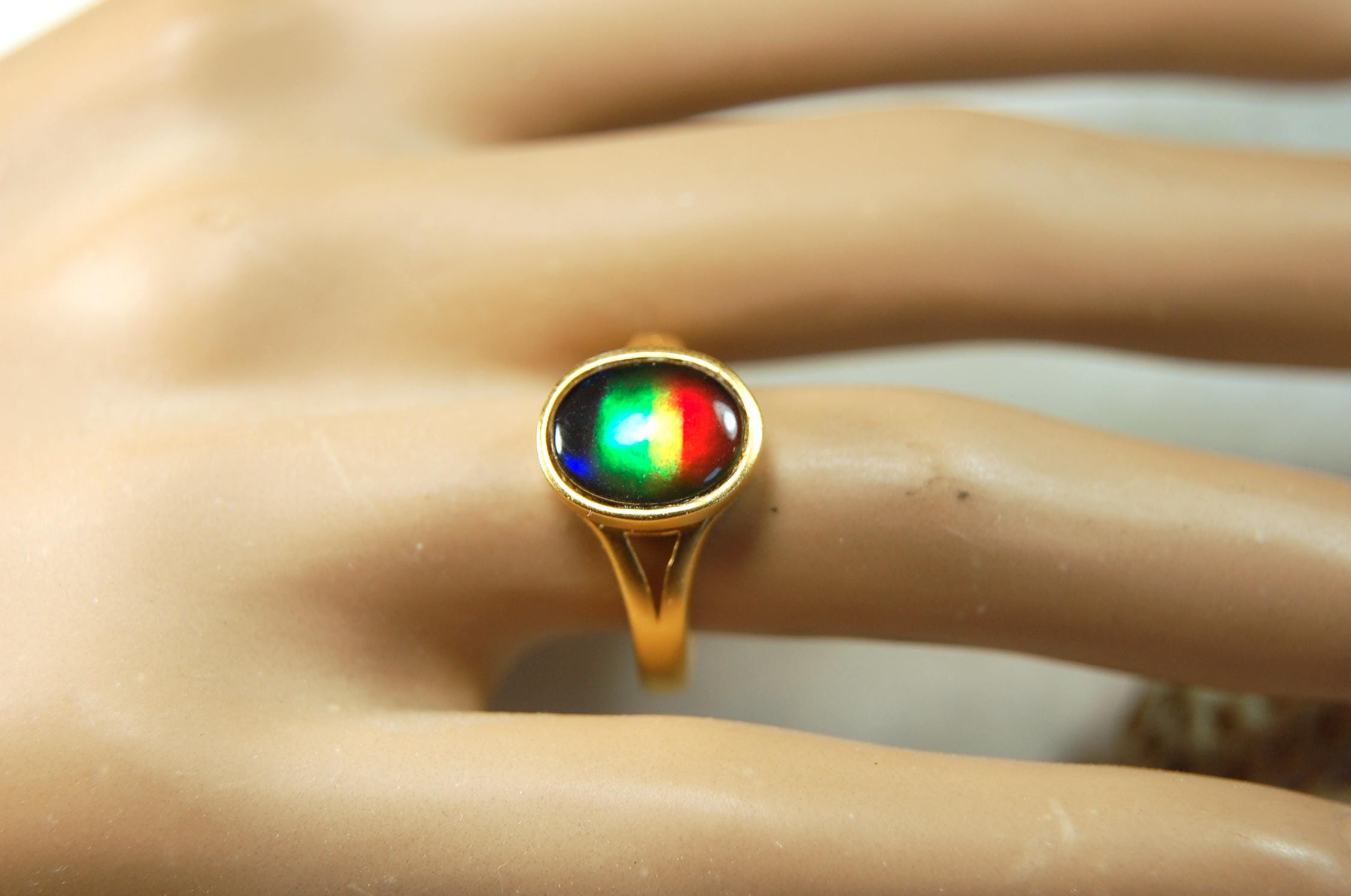 Gold Vermeil Ammolite Ring: Genuine Four-Color Gemstone, Adjustable Band 071114