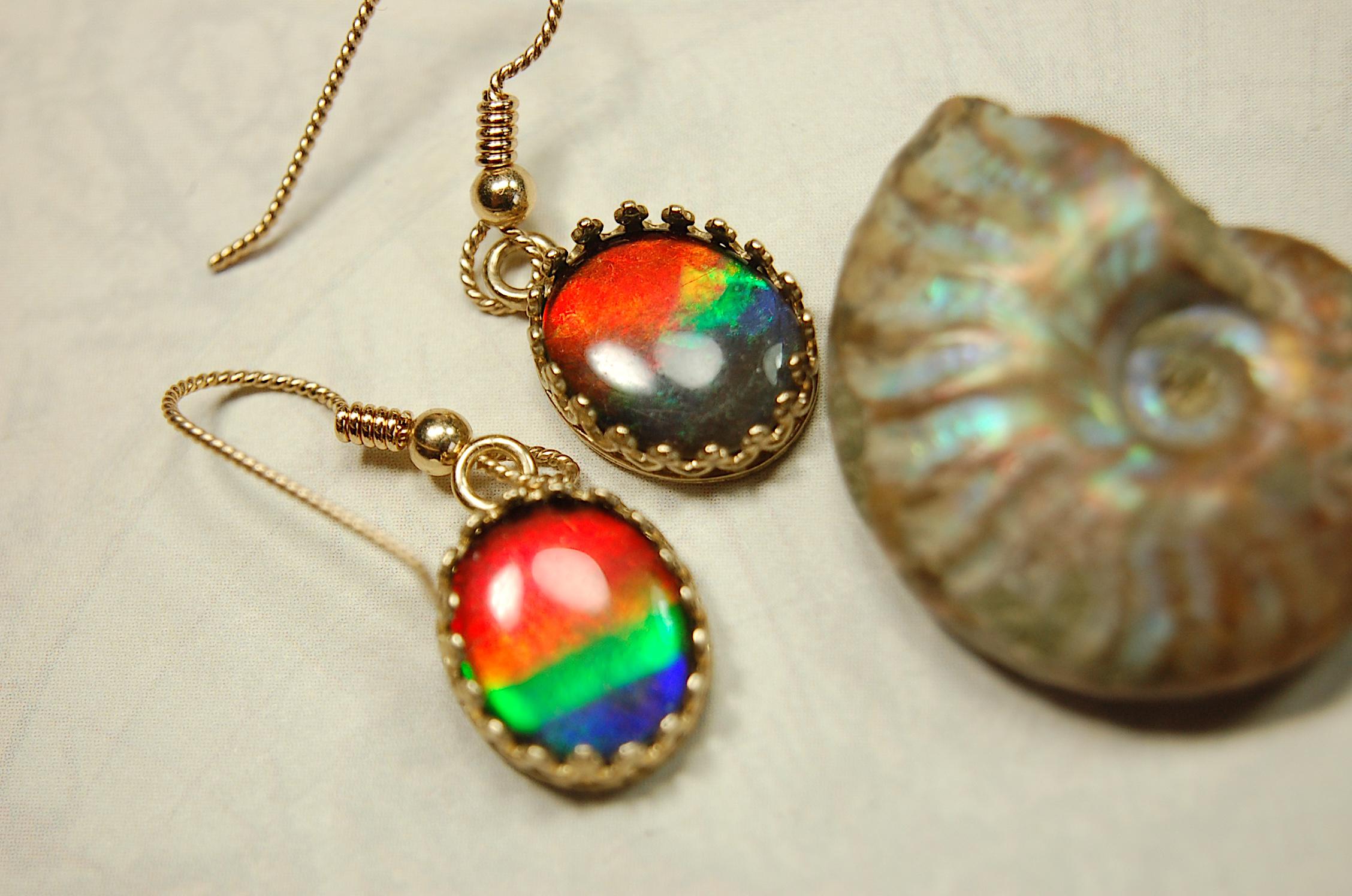 Exquisite Ammolite Earrings in 14k Gold.High Quality RARE Four Color Rainbow gems.Perfect gift Idea for wife..091214